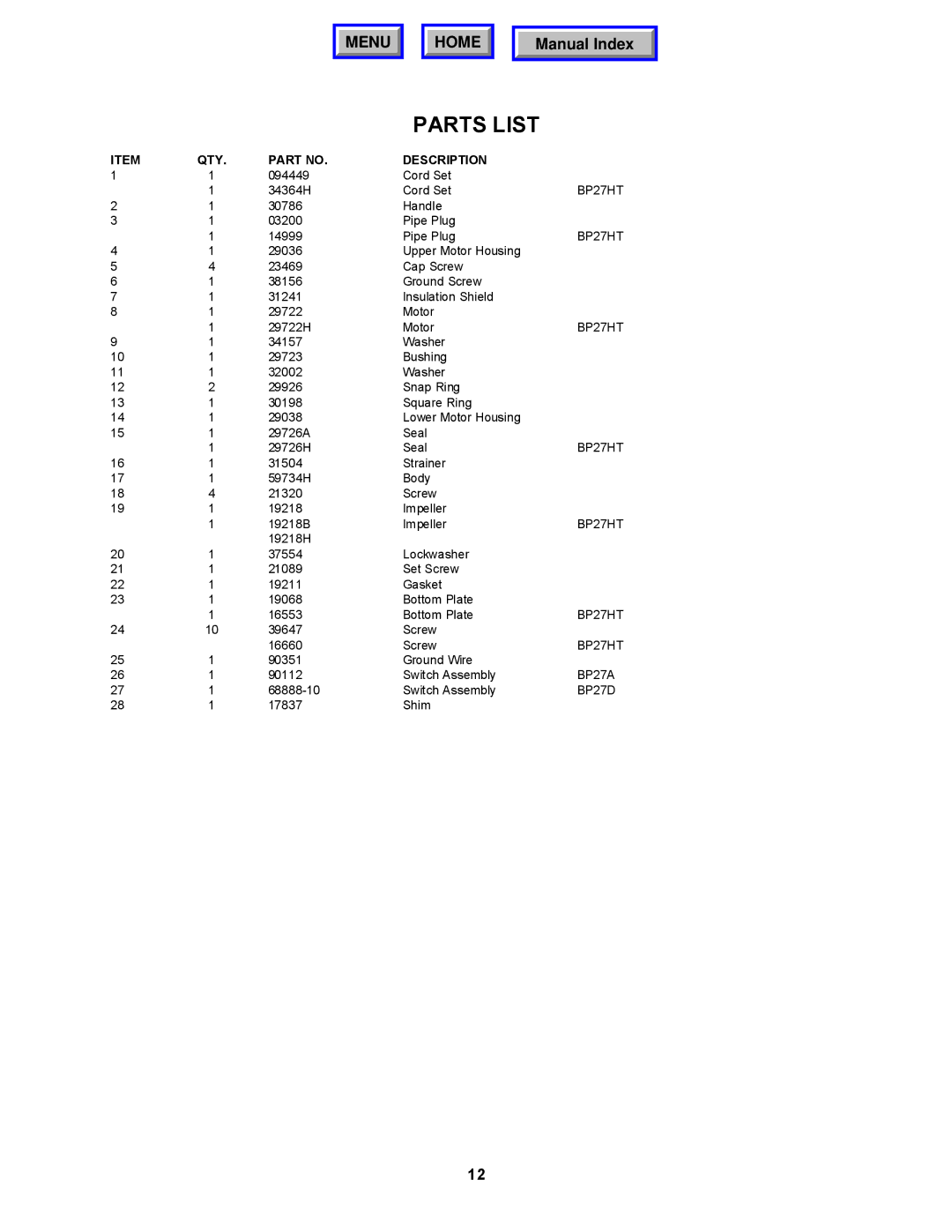 Barnes & Noble BP27D, BP27HT, BP27A operation manual Parts List, QTY Description 