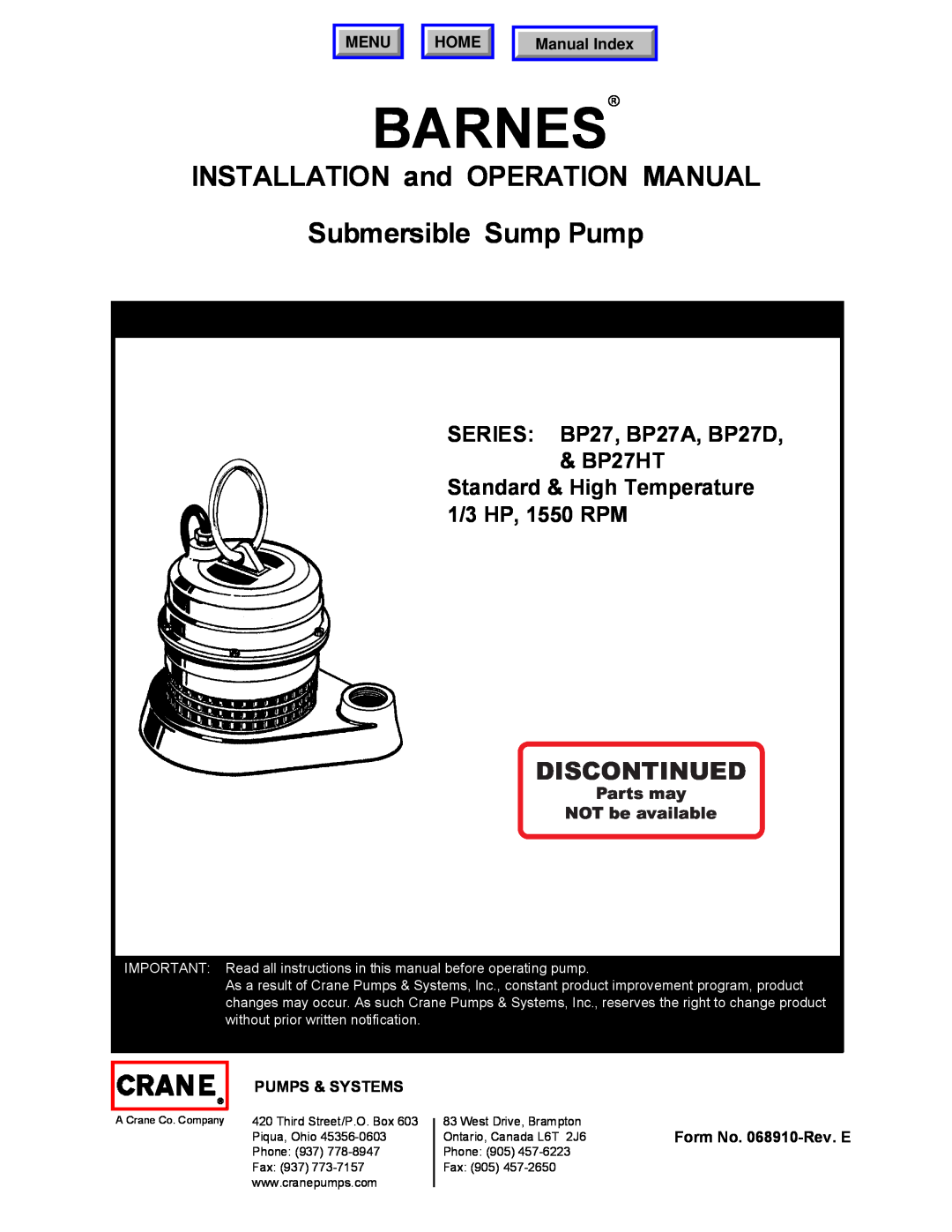 Barnes & Noble BP27HT operation manual Barnes, INSTALLATION and OPERATION MANUAL Submersible Sump Pump, Discontinued, Menu 