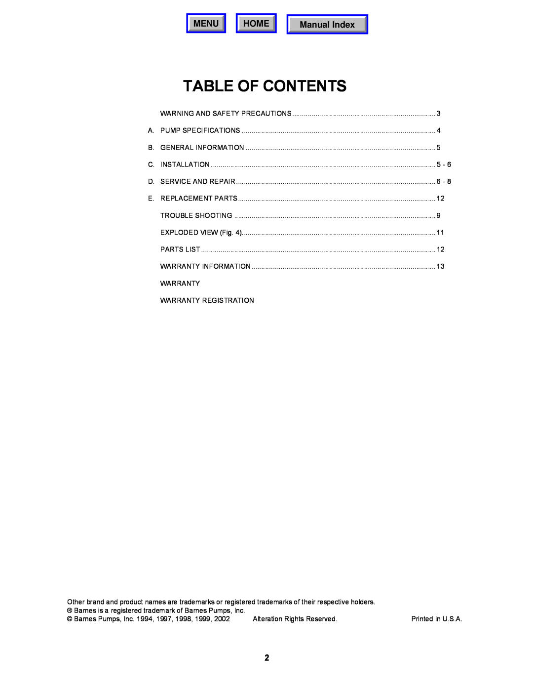 Barnes & Noble BP27D, BP27HT, BP27A operation manual Table Of Contents, Menu, Home, Manual Index 