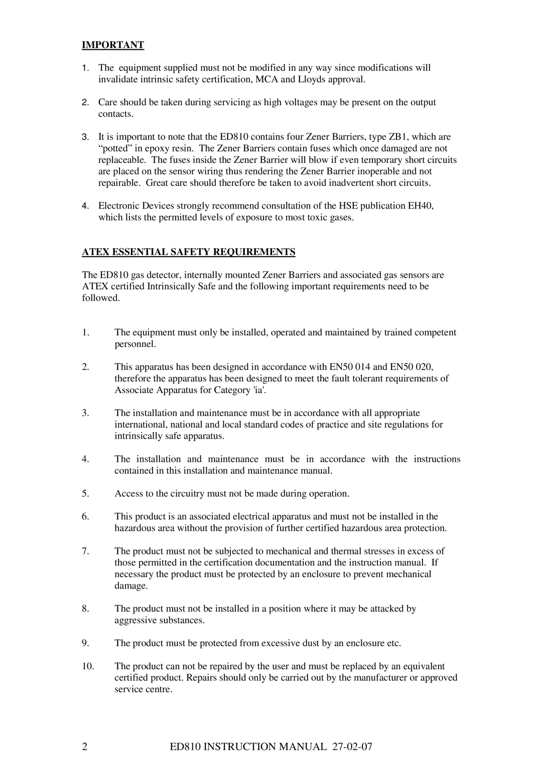 Barnet Ensign Ross ED810 manual Atex Essential Safety Requirements 