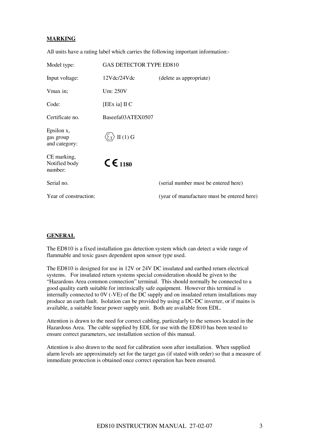 Barnet Ensign Ross ED810 manual Marking, General 