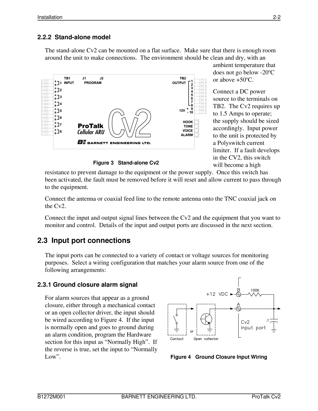 Barnett Engineering ARU CV2 instruction manual Input port connections, Stand-alone model, Ground closure alarm signal 