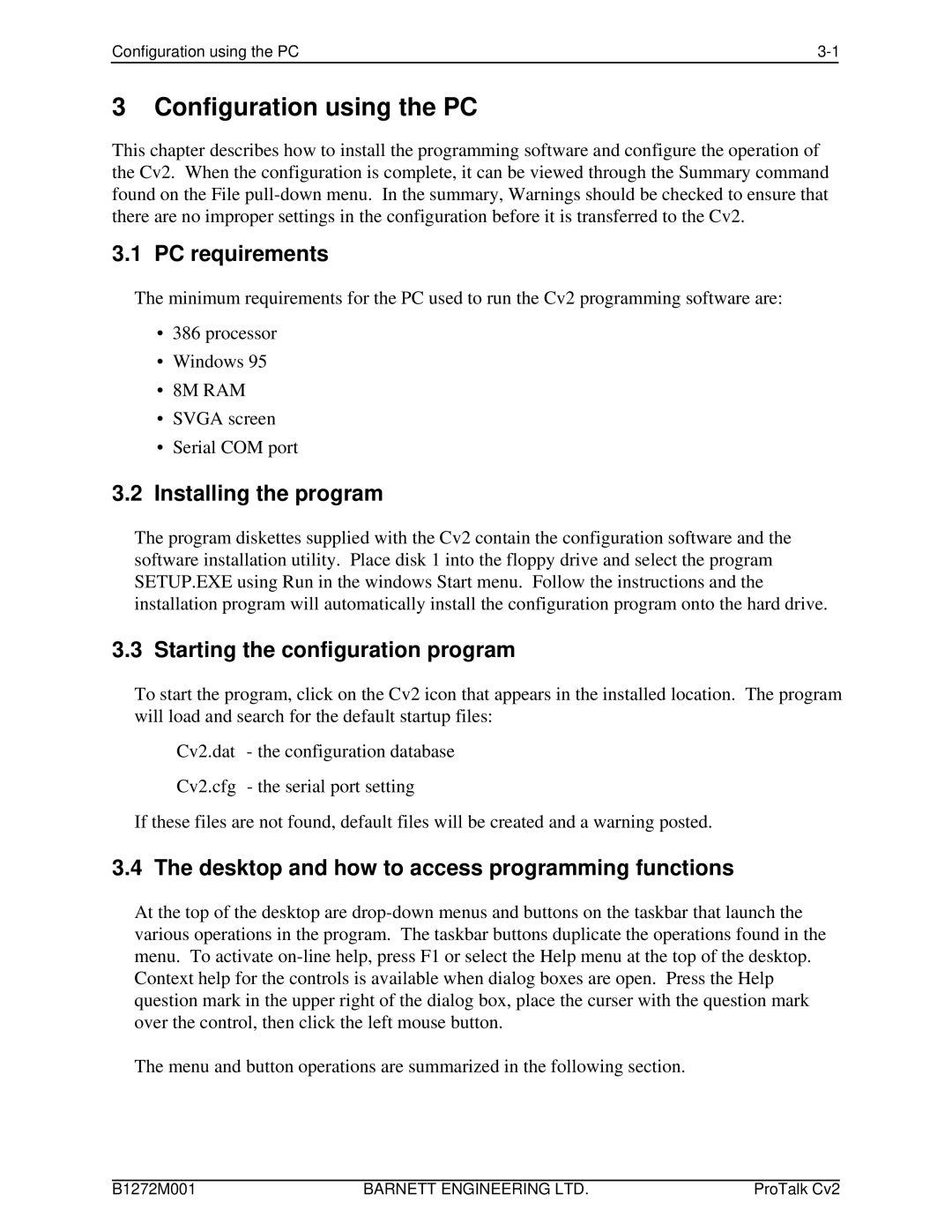 Barnett Engineering ARU CV2 instruction manual PC requirements, Installing the program, Starting the configuration program 