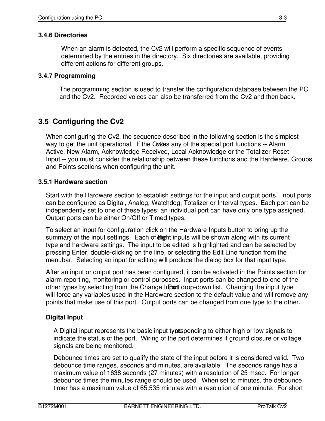 Barnett Engineering ARU CV2 Configuring the Cv2, Directories, Programming, Hardware section, Digital Input 