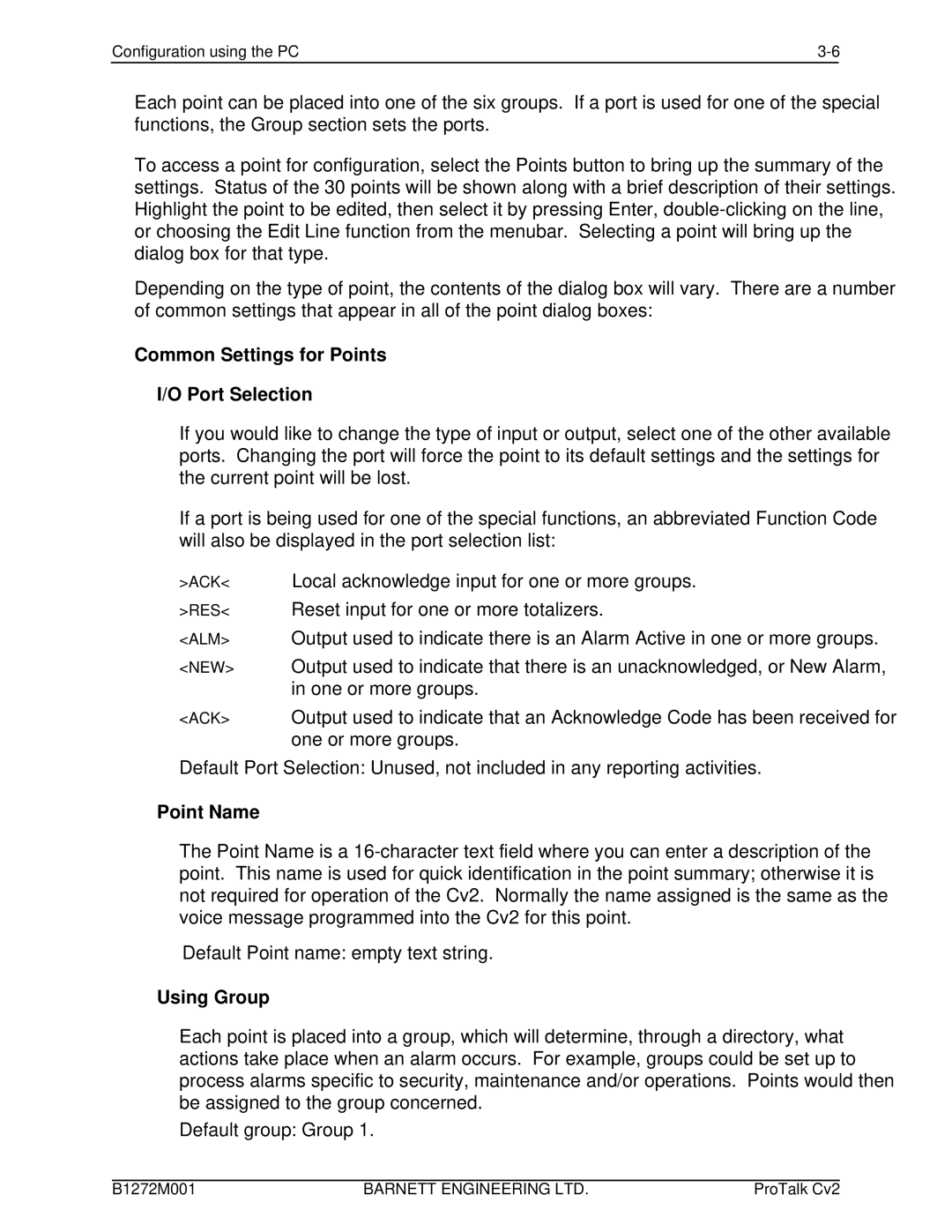 Barnett Engineering ARU CV2 instruction manual Common Settings for Points Port Selection, Point Name, Using Group 