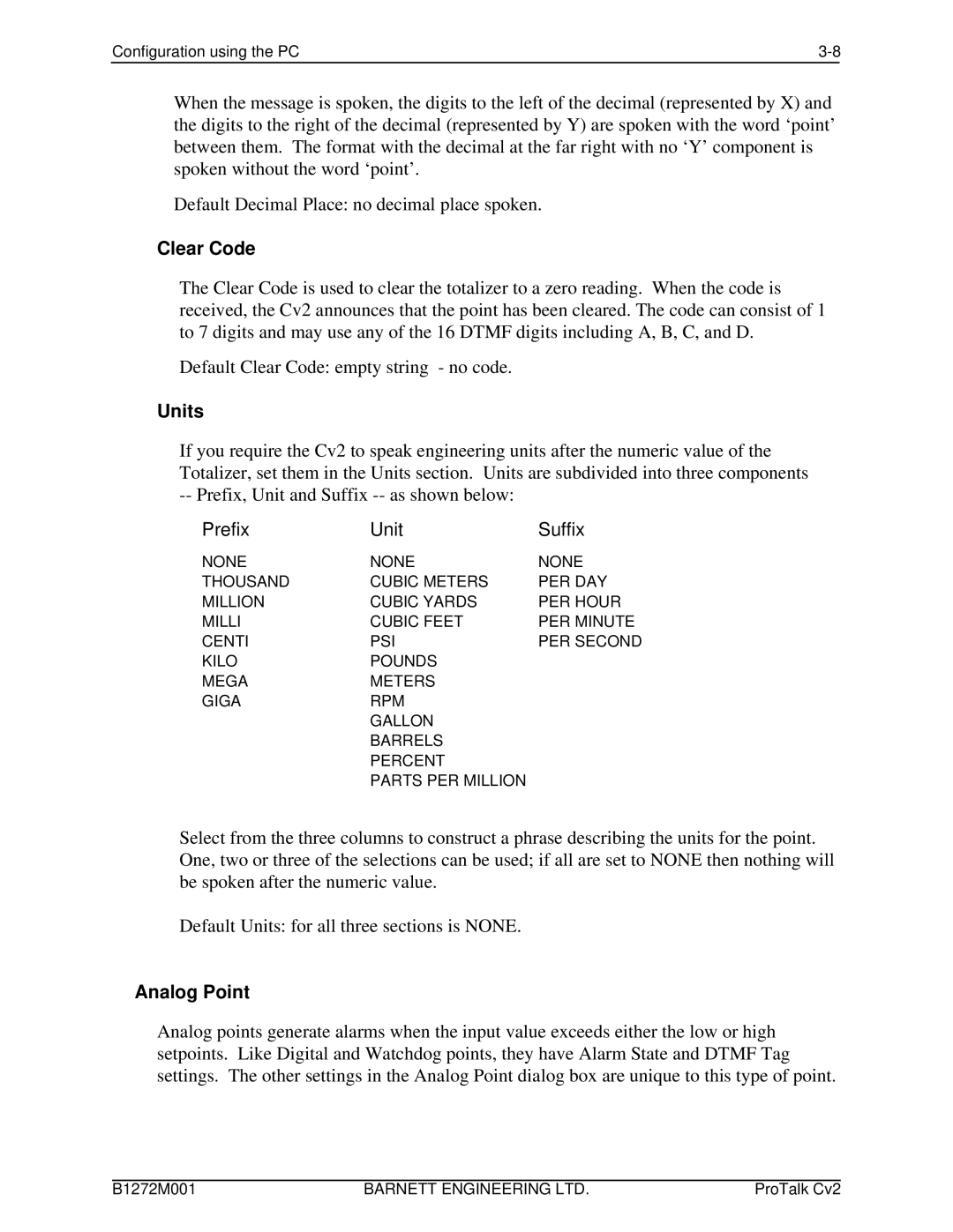 Barnett Engineering ARU CV2 instruction manual Clear Code, Units, Analog Point 