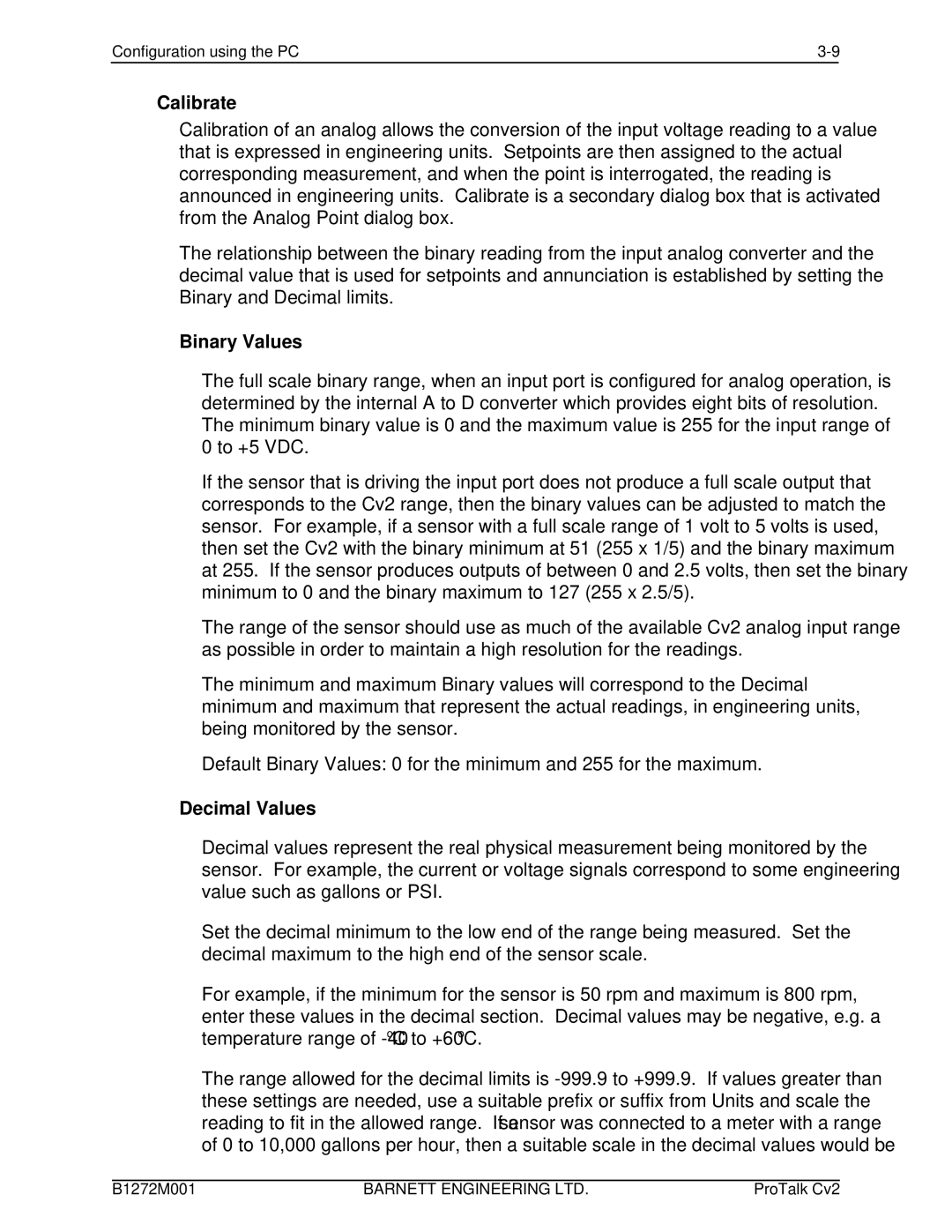 Barnett Engineering ARU CV2 instruction manual Calibrate, Binary Values, Decimal Values 