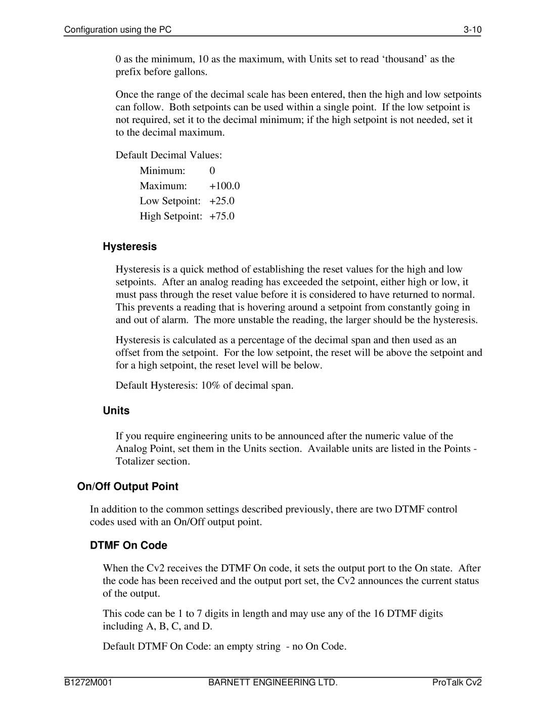 Barnett Engineering ARU CV2 instruction manual Hysteresis, On/Off Output Point, Dtmf On Code 