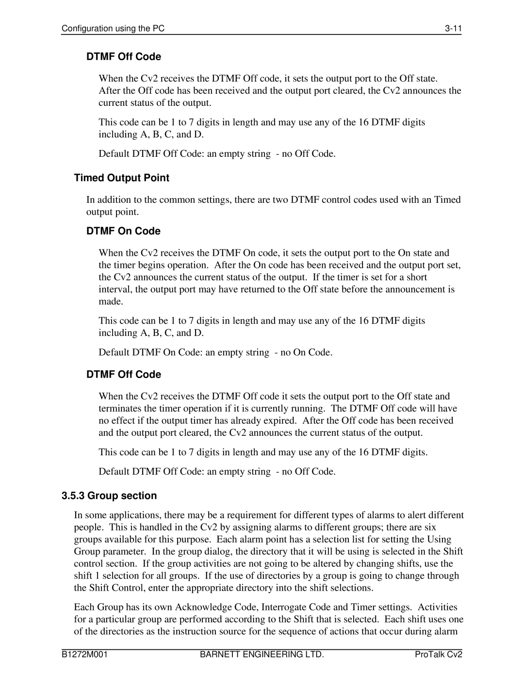 Barnett Engineering ARU CV2 instruction manual Dtmf Off Code, Timed Output Point, Group section 