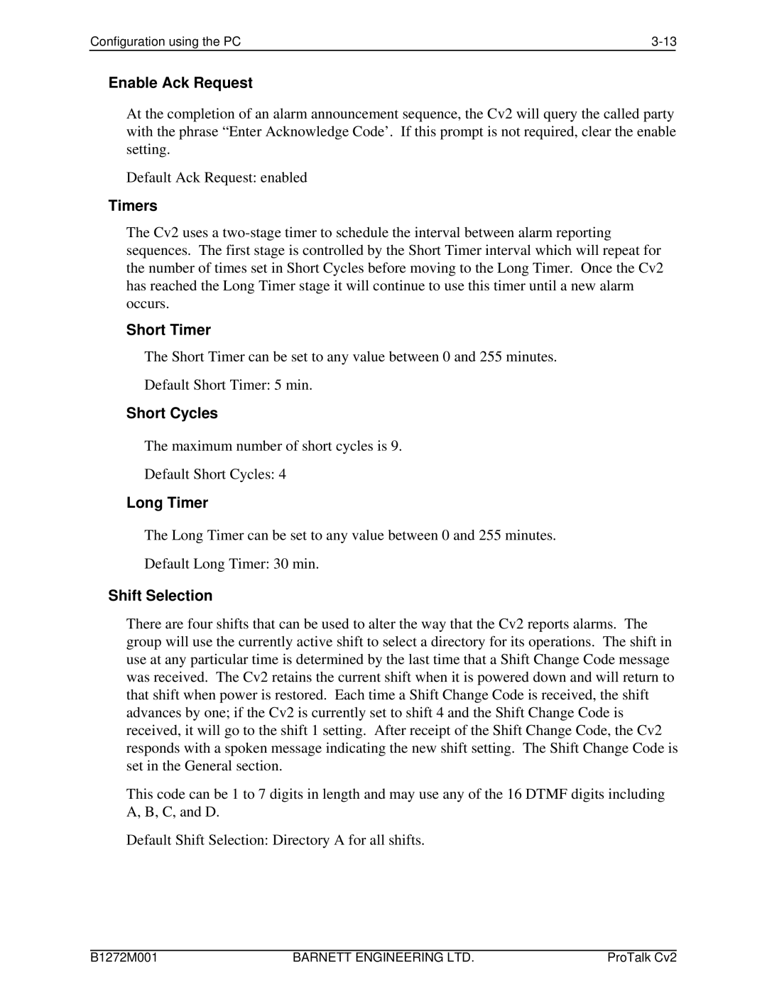 Barnett Engineering ARU CV2 Enable Ack Request, Timers, Short Timer, Short Cycles, Long Timer, Shift Selection 