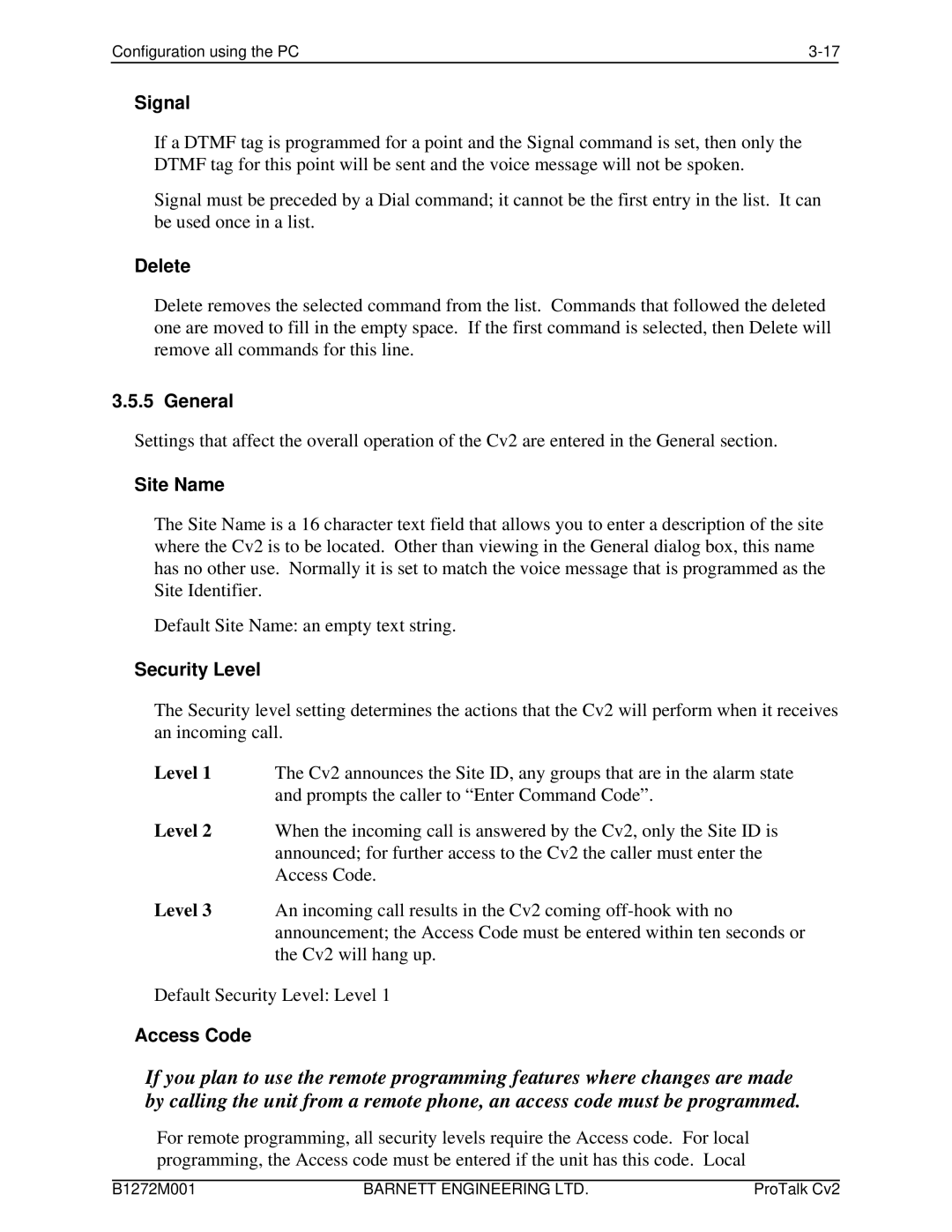 Barnett Engineering ARU CV2 instruction manual Signal, Delete, Site Name, Security Level, Access Code 