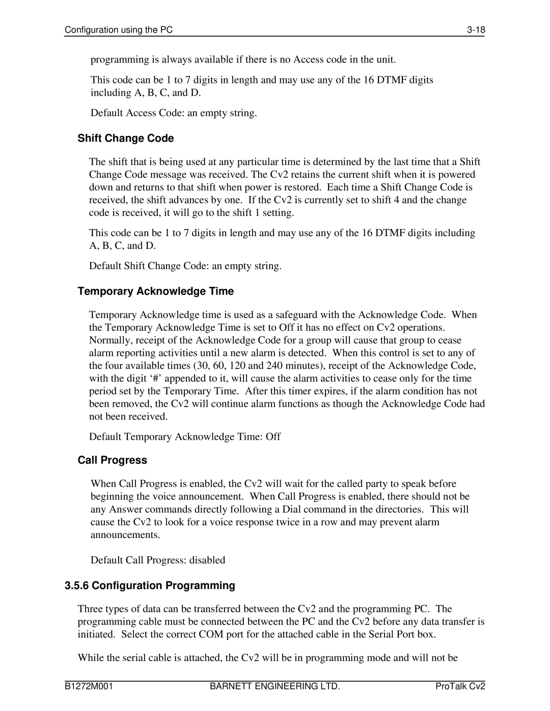 Barnett Engineering ARU CV2 instruction manual Shift Change Code, Temporary Acknowledge Time, Call Progress 