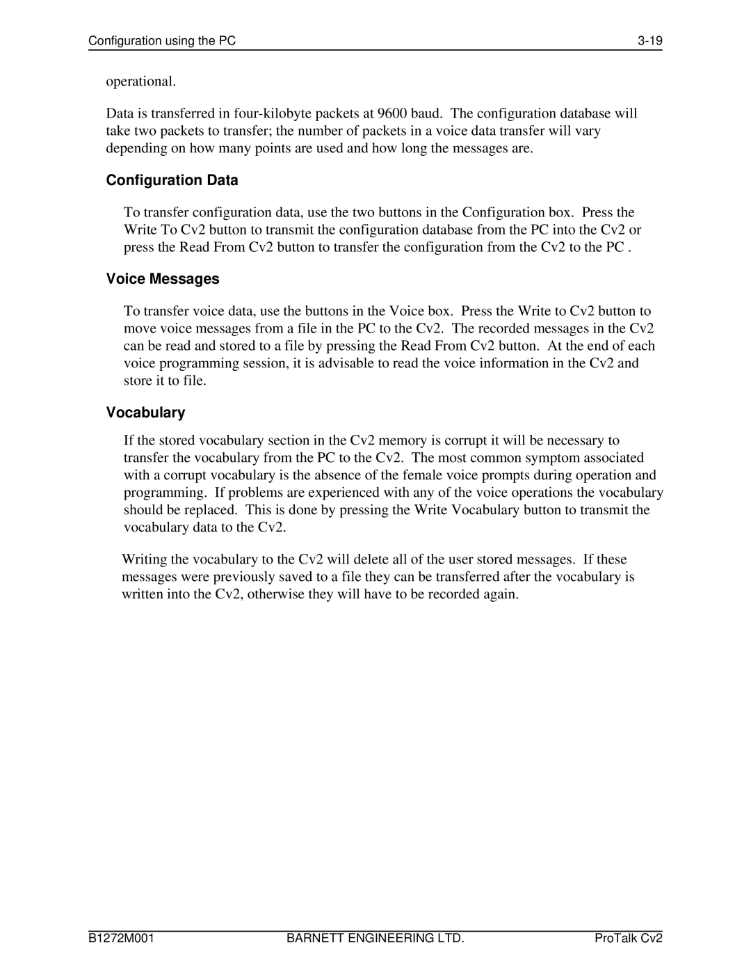 Barnett Engineering ARU CV2 instruction manual Configuration Data, Voice Messages, Vocabulary 