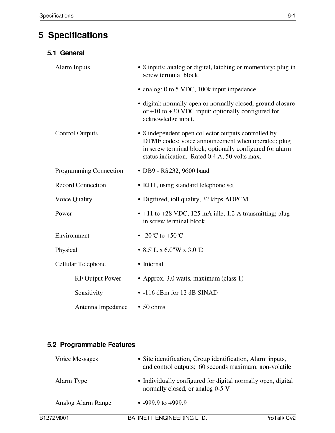 Barnett Engineering ARU CV2 instruction manual Specifications, Programmable Features 