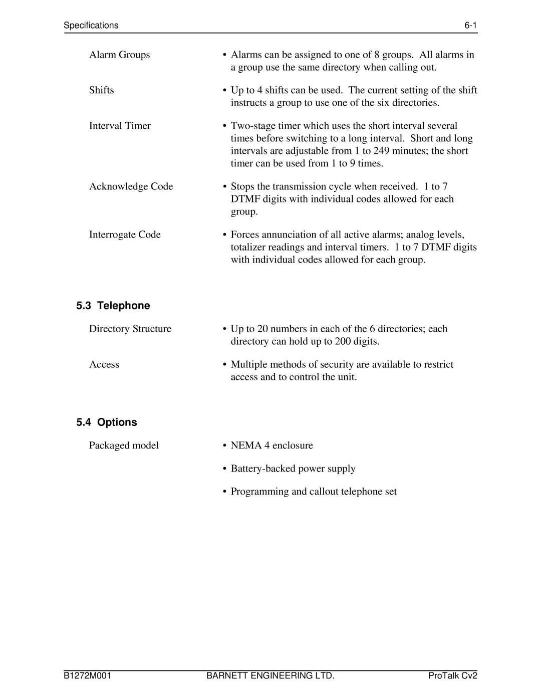 Barnett Engineering ARU CV2 instruction manual Telephone, Options 