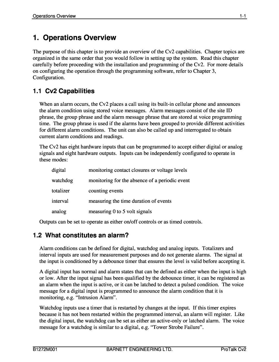 Barnett Engineering ARU CV2 instruction manual Operations Overview, 1.1 Cv2 Capabilities, What constitutes an alarm? 
