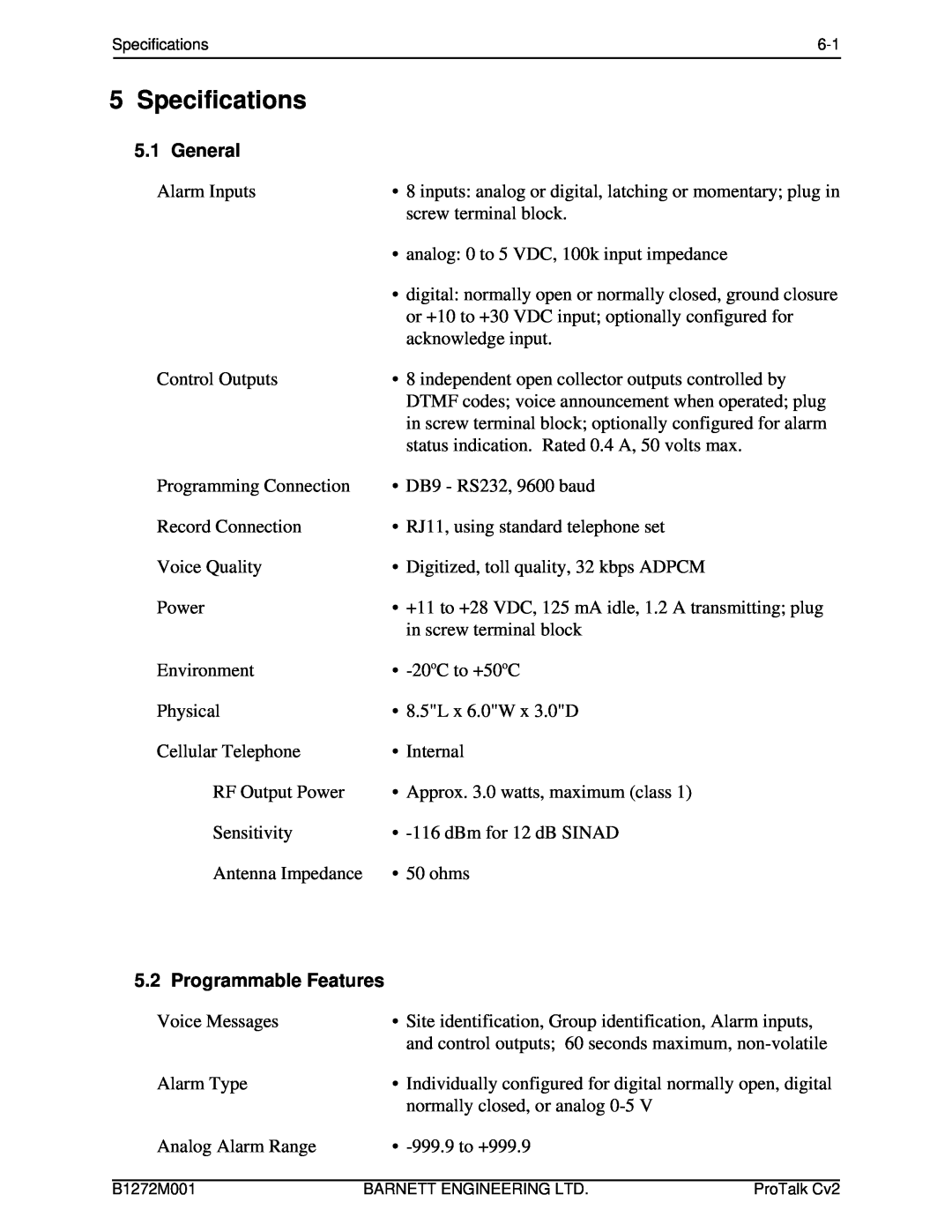 Barnett Engineering ARU CV2 instruction manual Specifications, General, Programmable Features 
