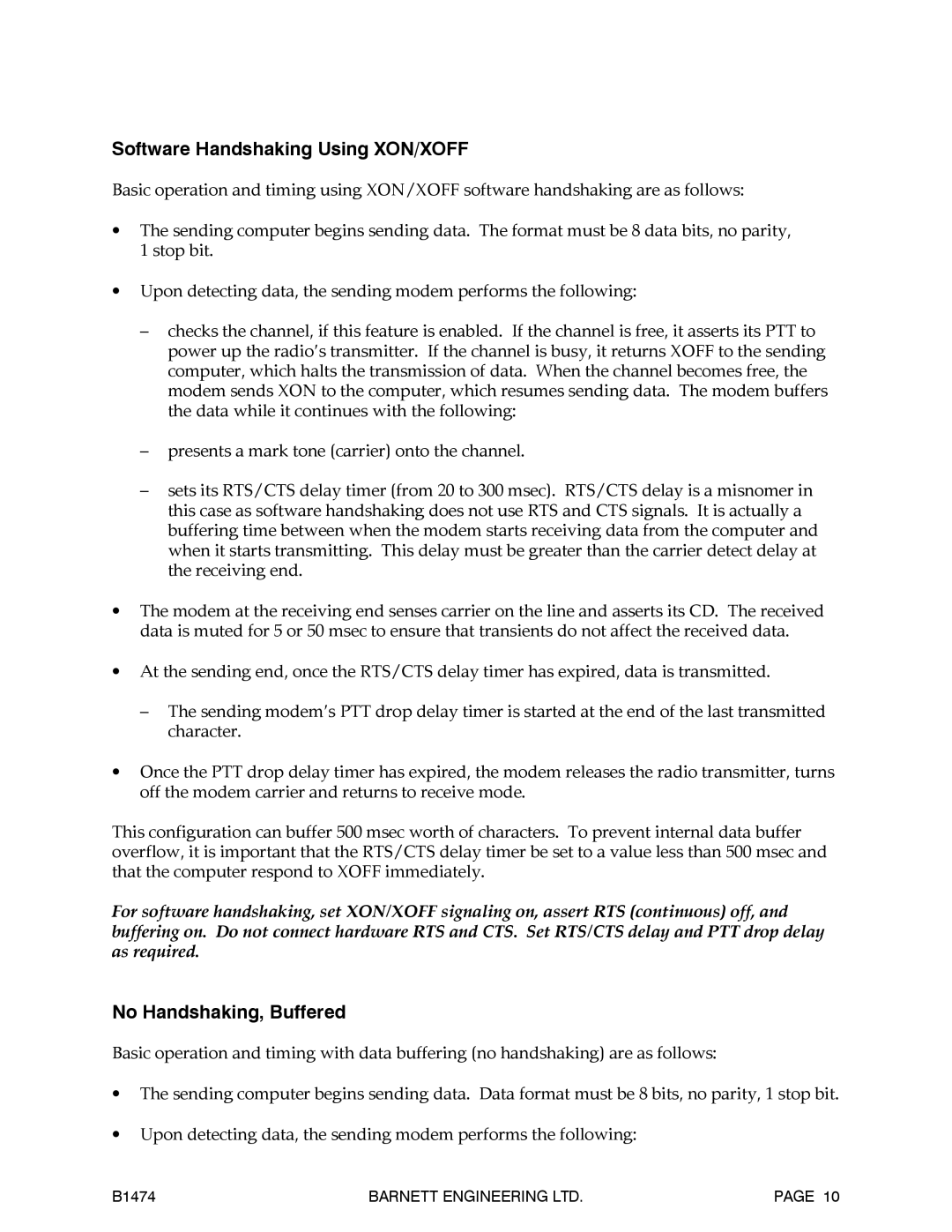 Barnett Engineering B1474 operation manual Software Handshaking Using XON/XOFF, No Handshaking, Buffered 