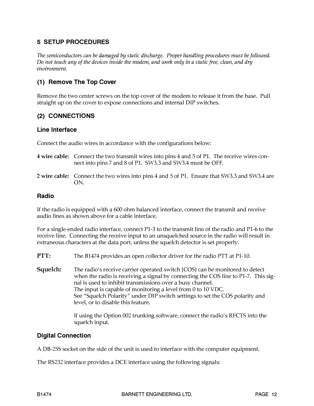 Barnett Engineering B1474 Setup Procedures, Remove The Top Cover, Connections Line Interface, Radio, Digital Connection 