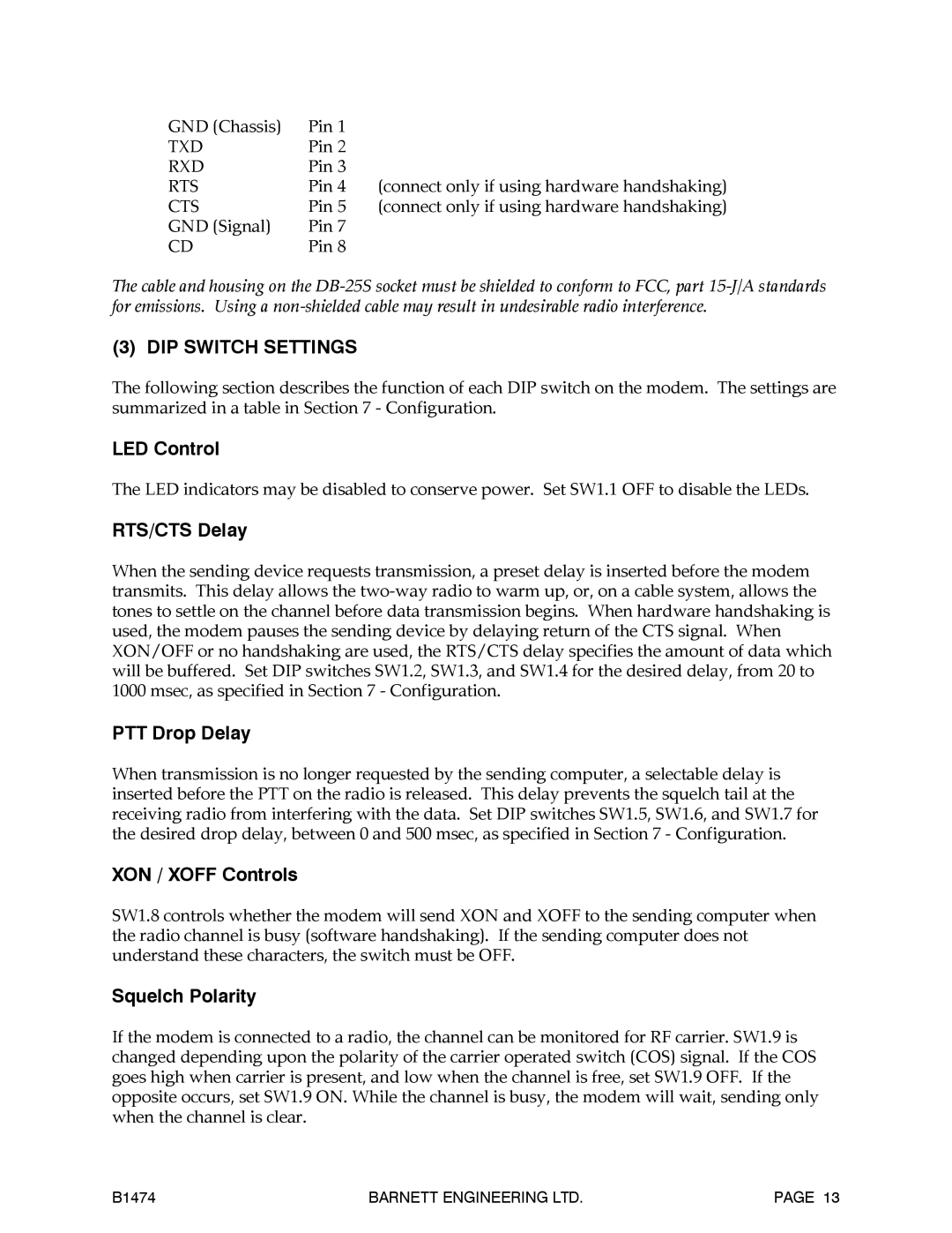 Barnett Engineering B1474 operation manual LED Control, XON / Xoff Controls, Squelch Polarity 