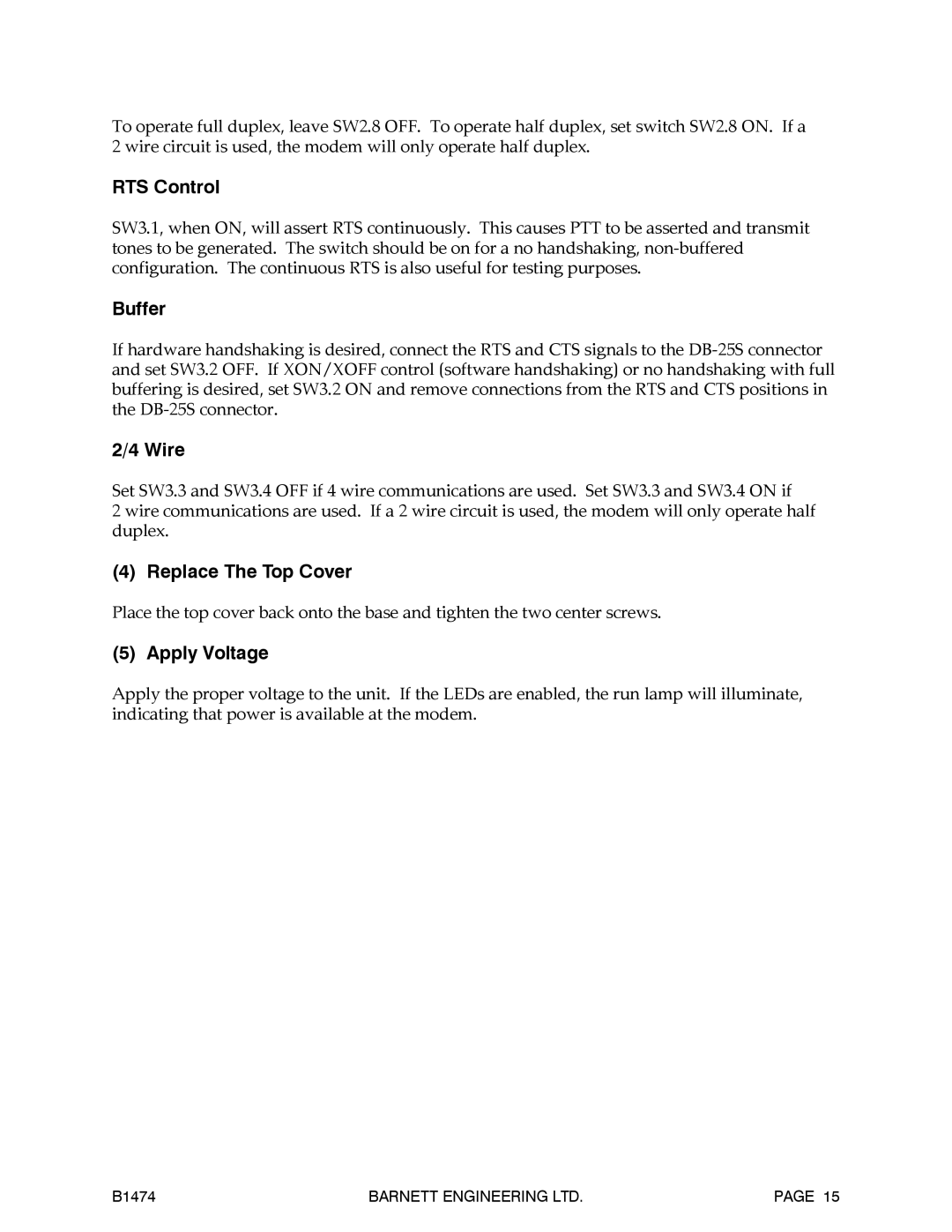 Barnett Engineering B1474 operation manual RTS Control, Buffer, Wire, Replace The Top Cover, Apply Voltage 