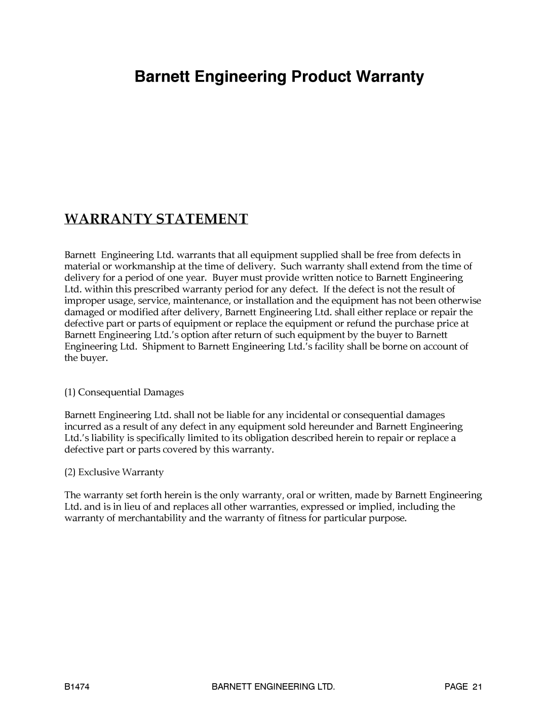 Barnett Engineering B1474 operation manual Barnett Engineering Product Warranty 