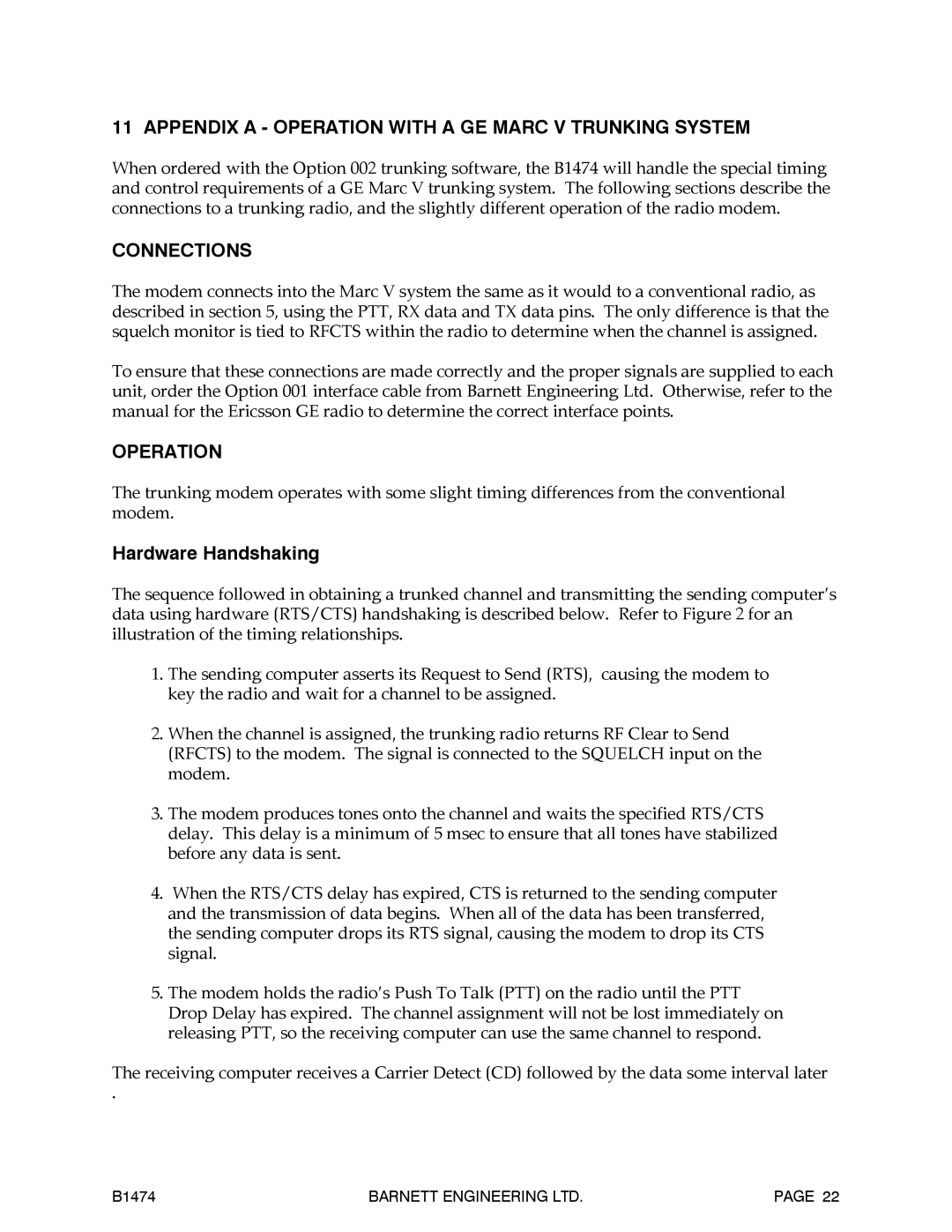 Barnett Engineering B1474 operation manual Appendix a Operation with a GE Marc V Trunking System, Connections 