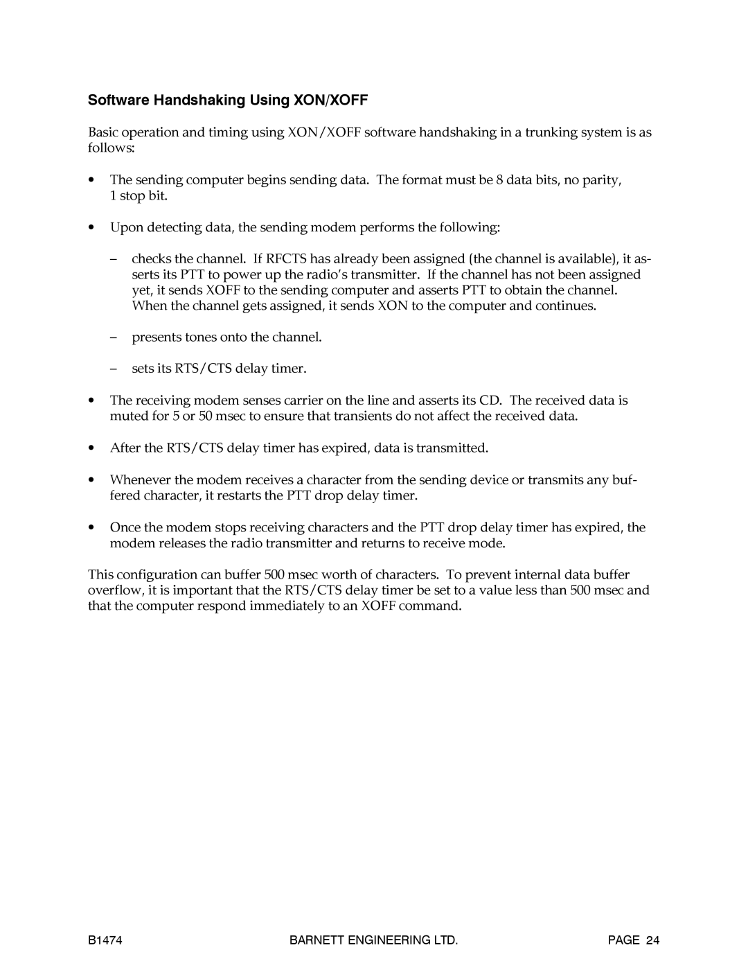 Barnett Engineering B1474 operation manual Software Handshaking Using XON/XOFF 