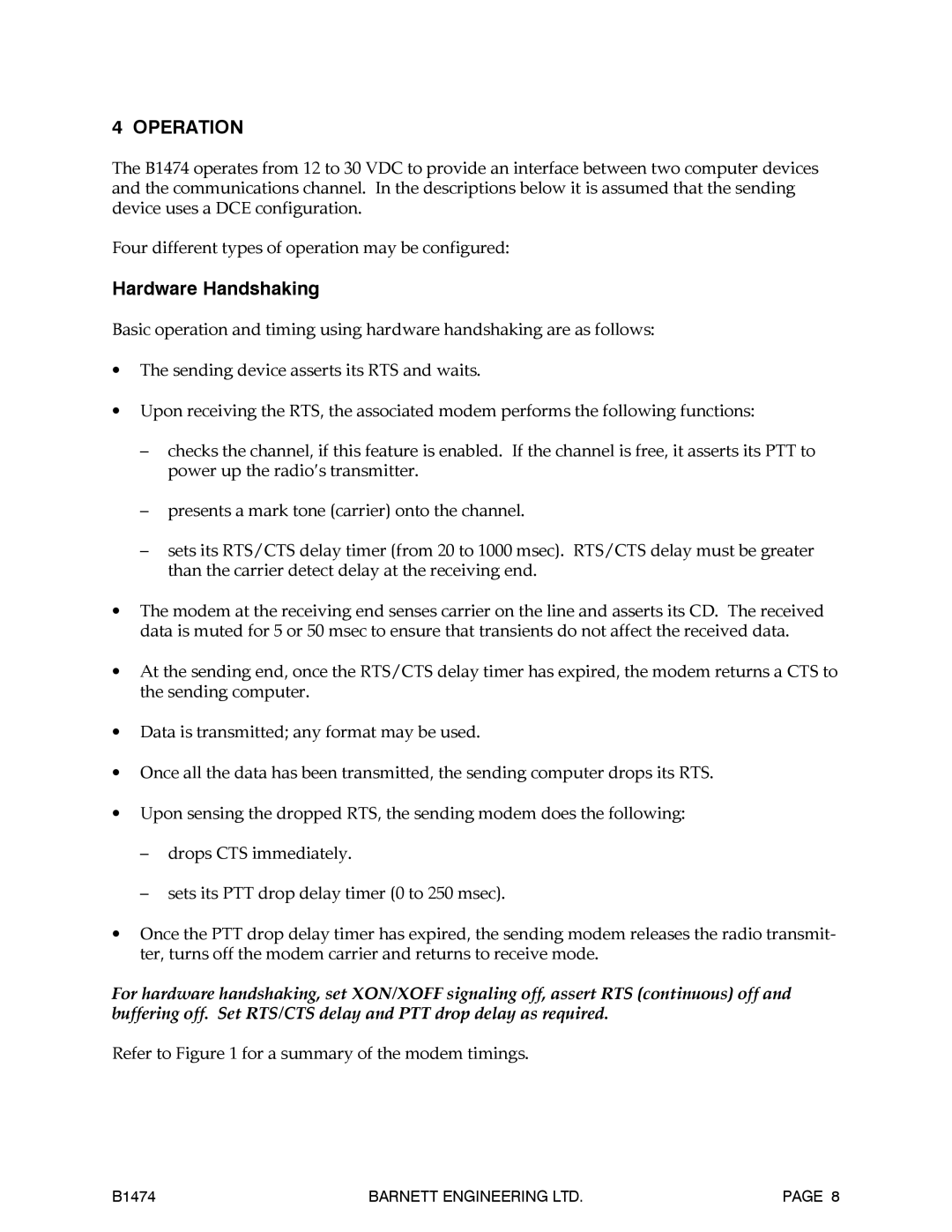 Barnett Engineering B1474 operation manual Operation, Hardware Handshaking 