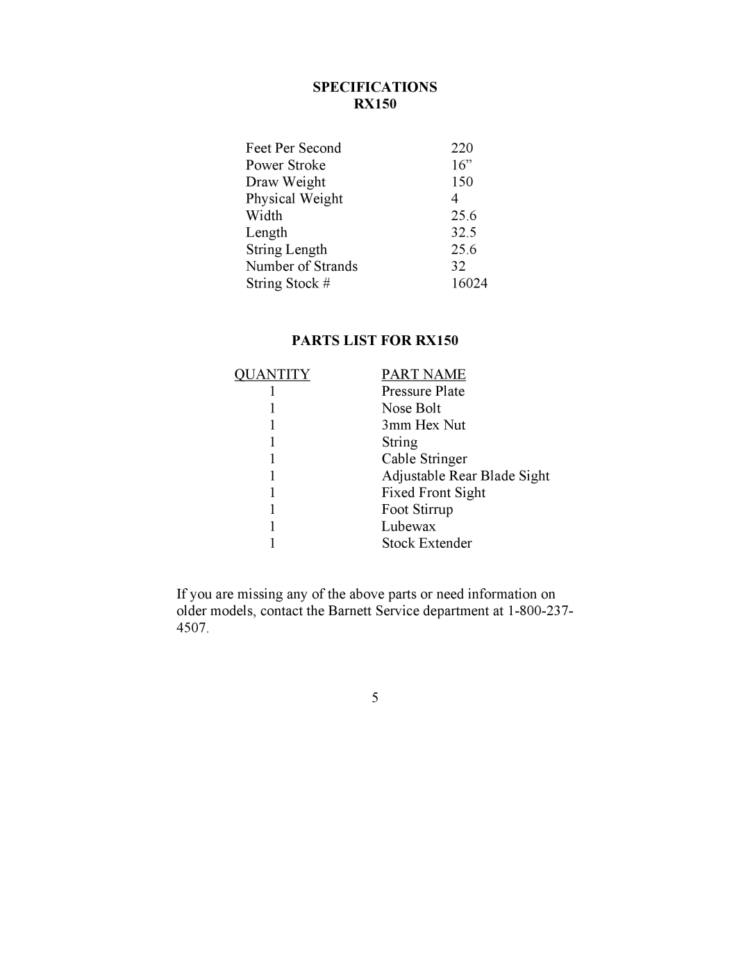 Barnett Engineering warranty Specifications, Parts List for RX150 