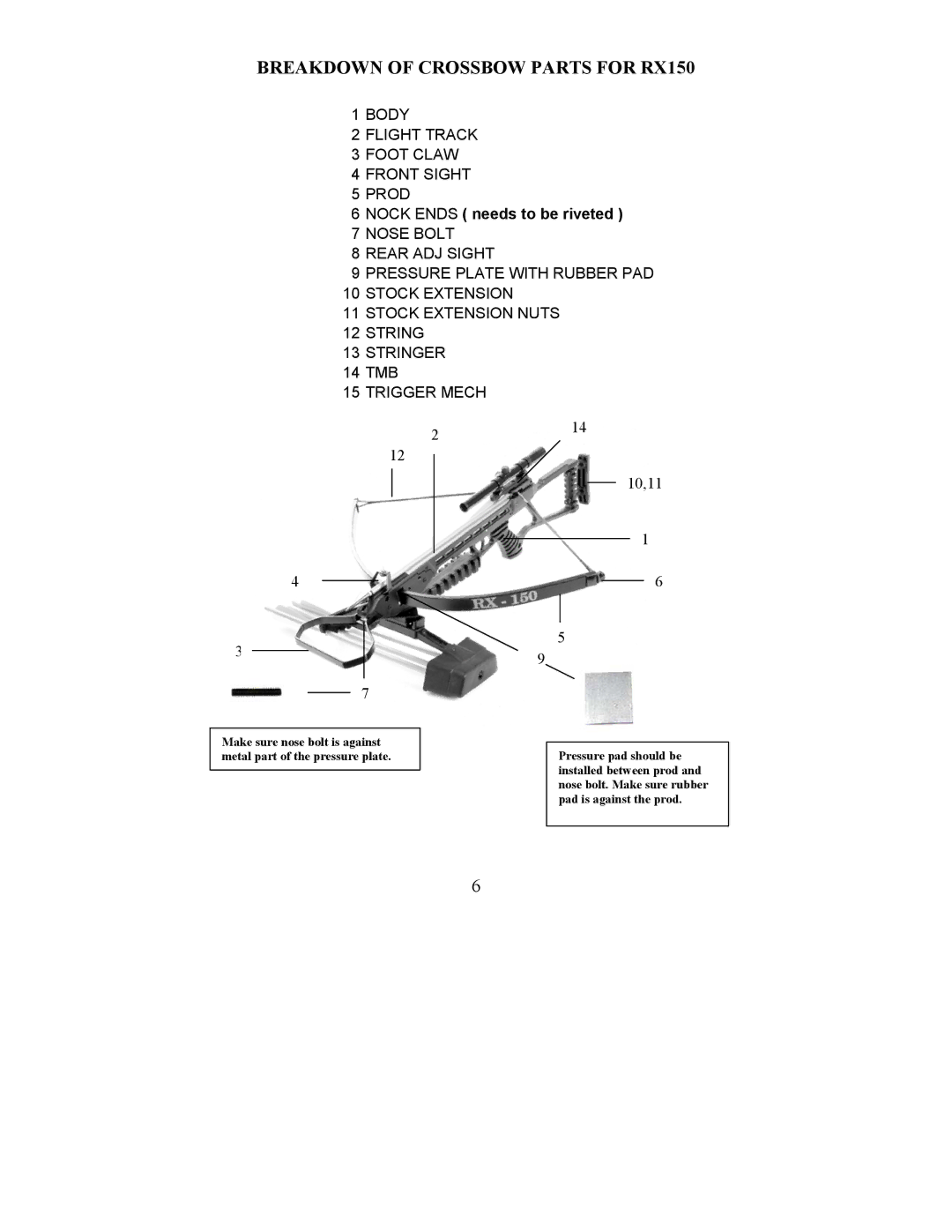 Barnett Engineering warranty Breakdown of Crossbow Parts for RX150, Nock Ends needs to be riveted 