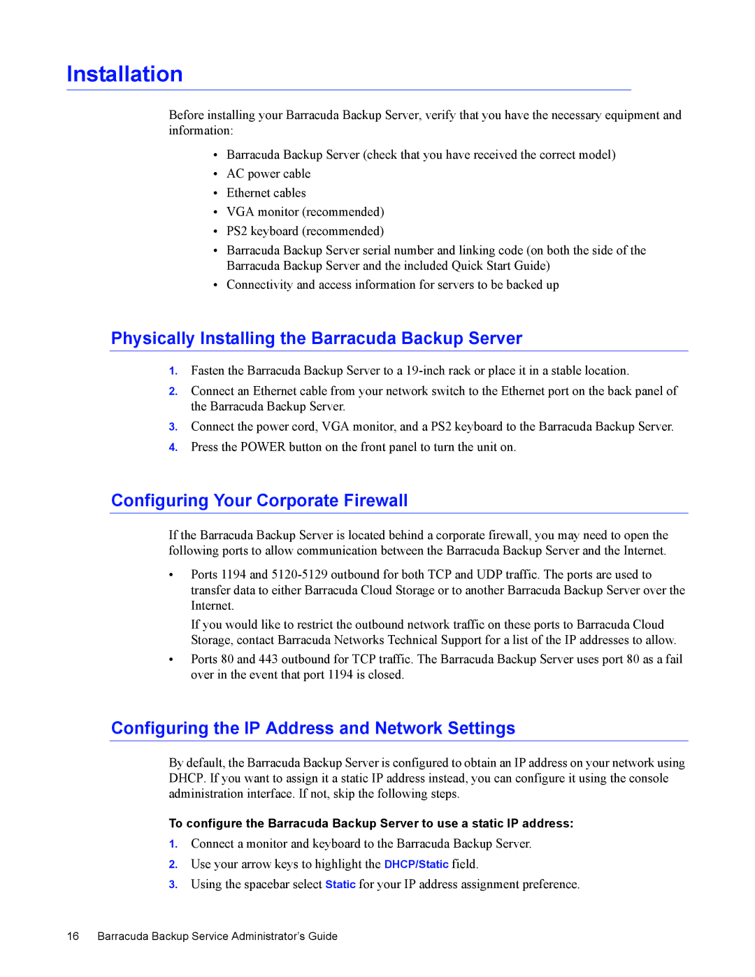 Barracuda Networks 4 Installation, Physically Installing the Barracuda Backup Server, Configuring Your Corporate Firewall 