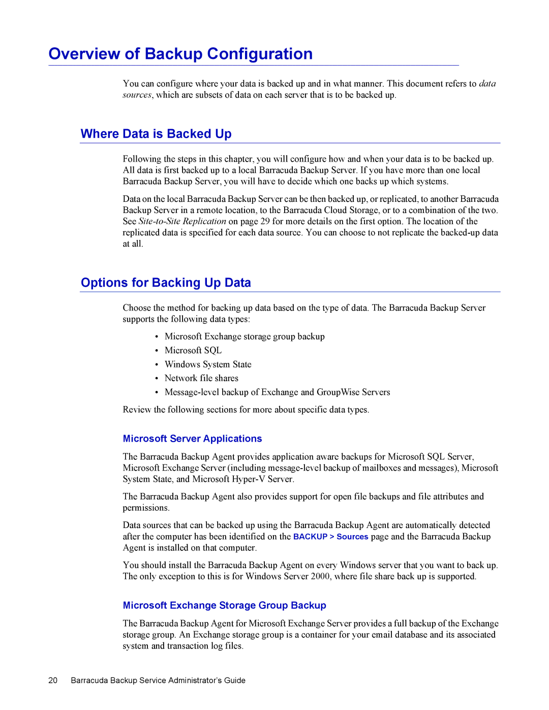 Barracuda Networks 4 manual Overview of Backup Configuration, Where Data is Backed Up, Options for Backing Up Data 