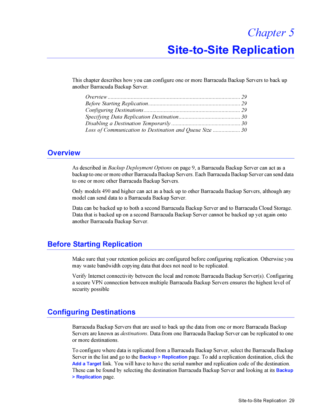 Barracuda Networks 4 manual Site-to-Site Replication, Overview, Before Starting Replication, Configuring Destinations 