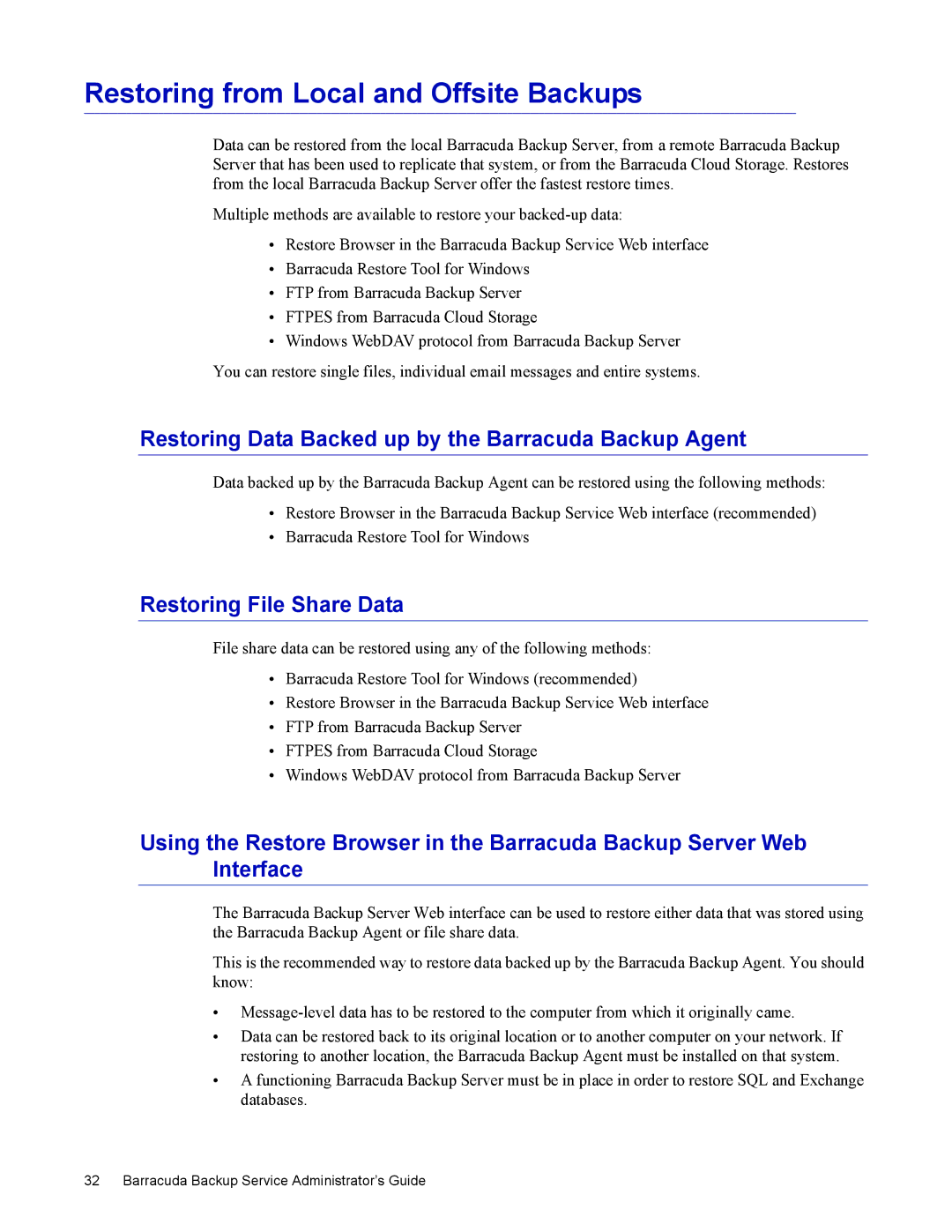 Barracuda Networks 4 Restoring from Local and Offsite Backups, Restoring Data Backed up by the Barracuda Backup Agent 