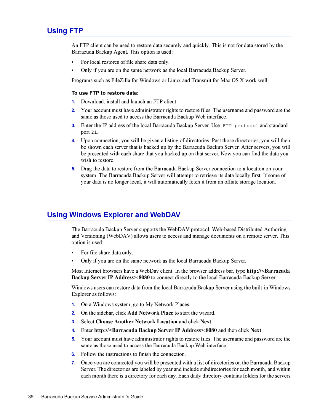 Barracuda Networks 4 manual Using FTP, Using Windows Explorer and WebDAV 