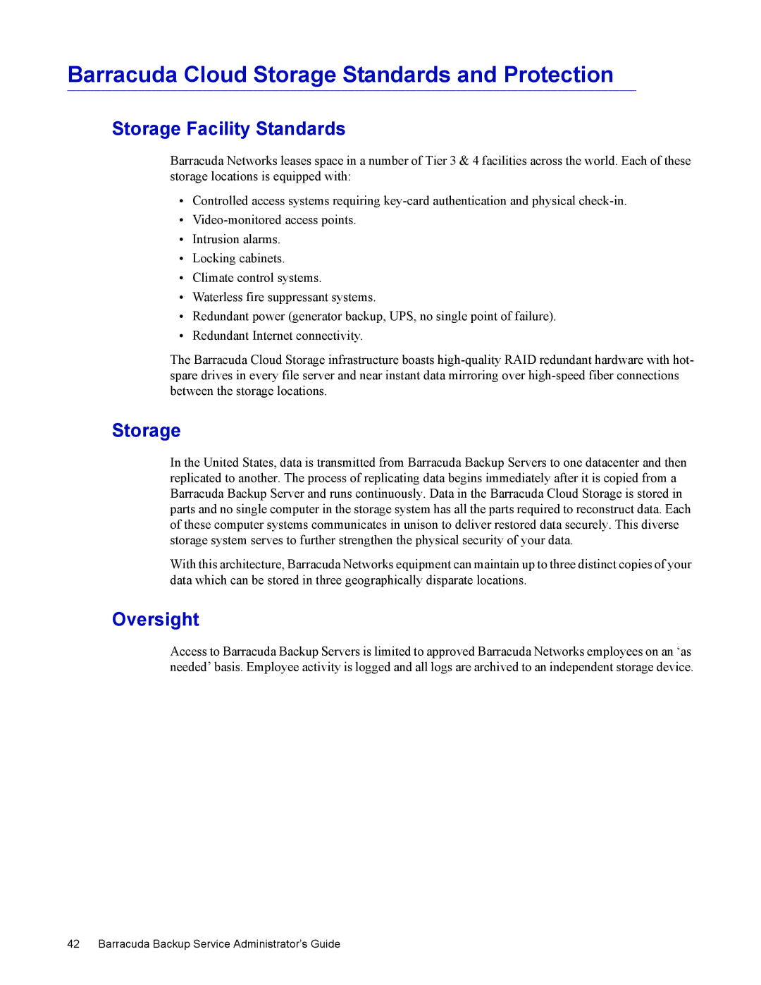 Barracuda Networks 4 manual Barracuda Cloud Storage Standards and Protection, Storage Facility Standards, Oversight 