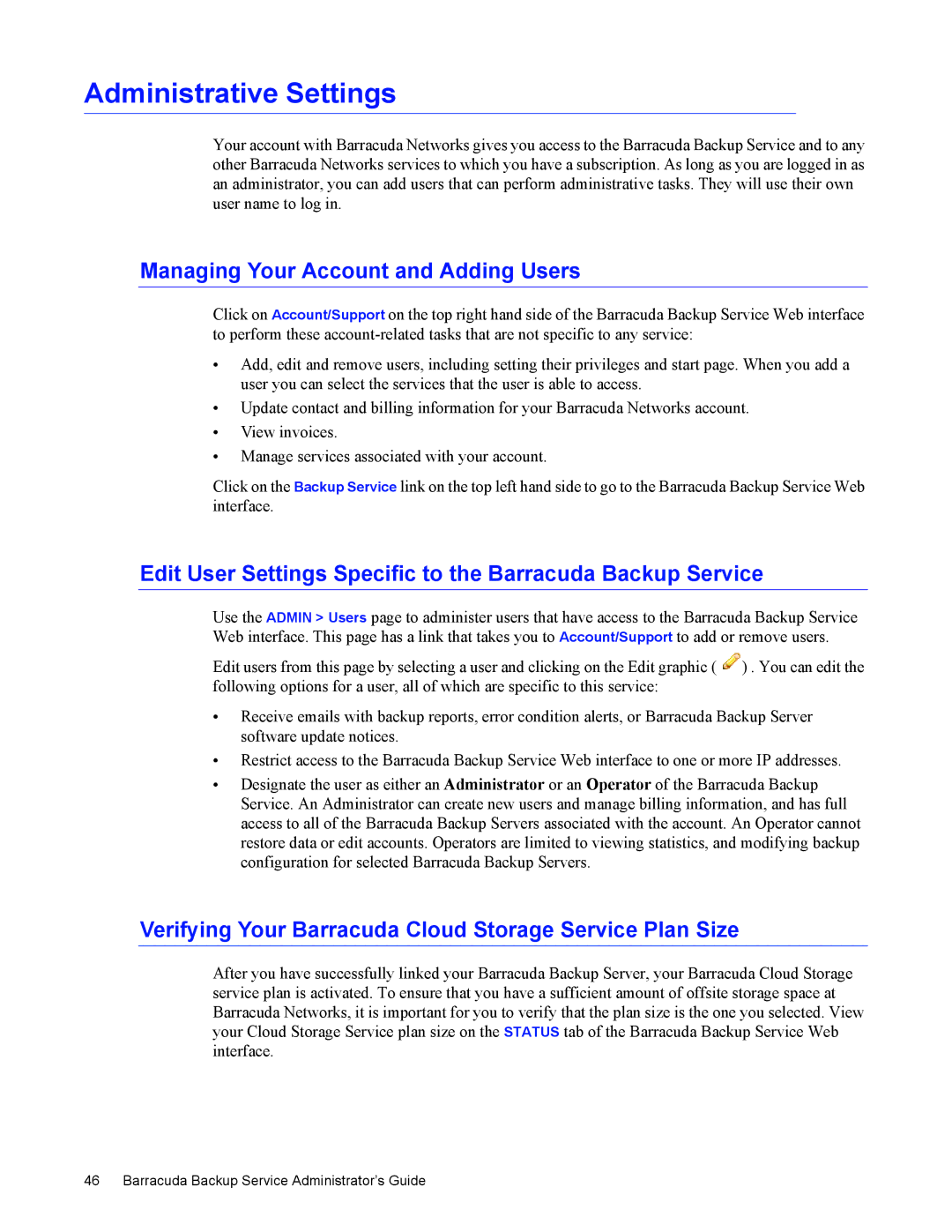 Barracuda Networks 4 manual Administrative Settings, Managing Your Account and Adding Users 