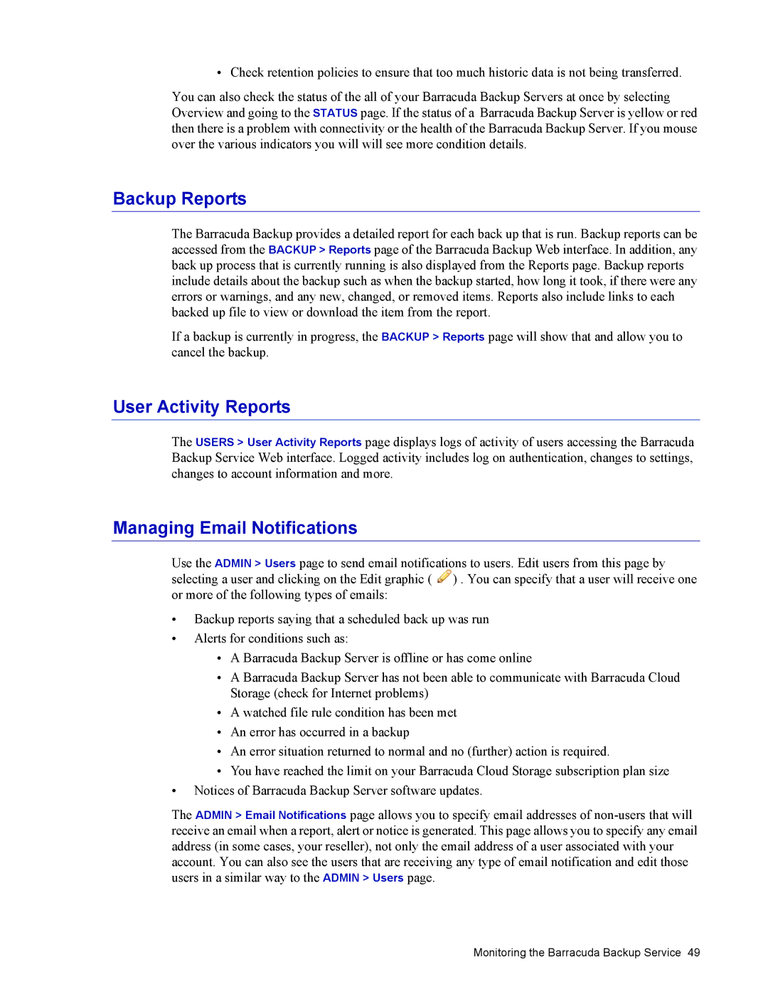 Barracuda Networks 4 manual Backup Reports, User Activity Reports, Managing Email Notifications 