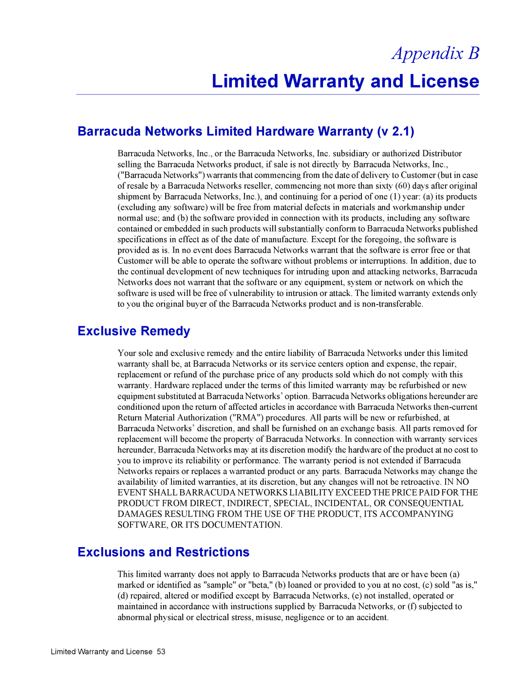 Barracuda Networks 4 manual Limited Warranty and License, Barracuda Networks Limited Hardware Warranty v, Exclusive Remedy 