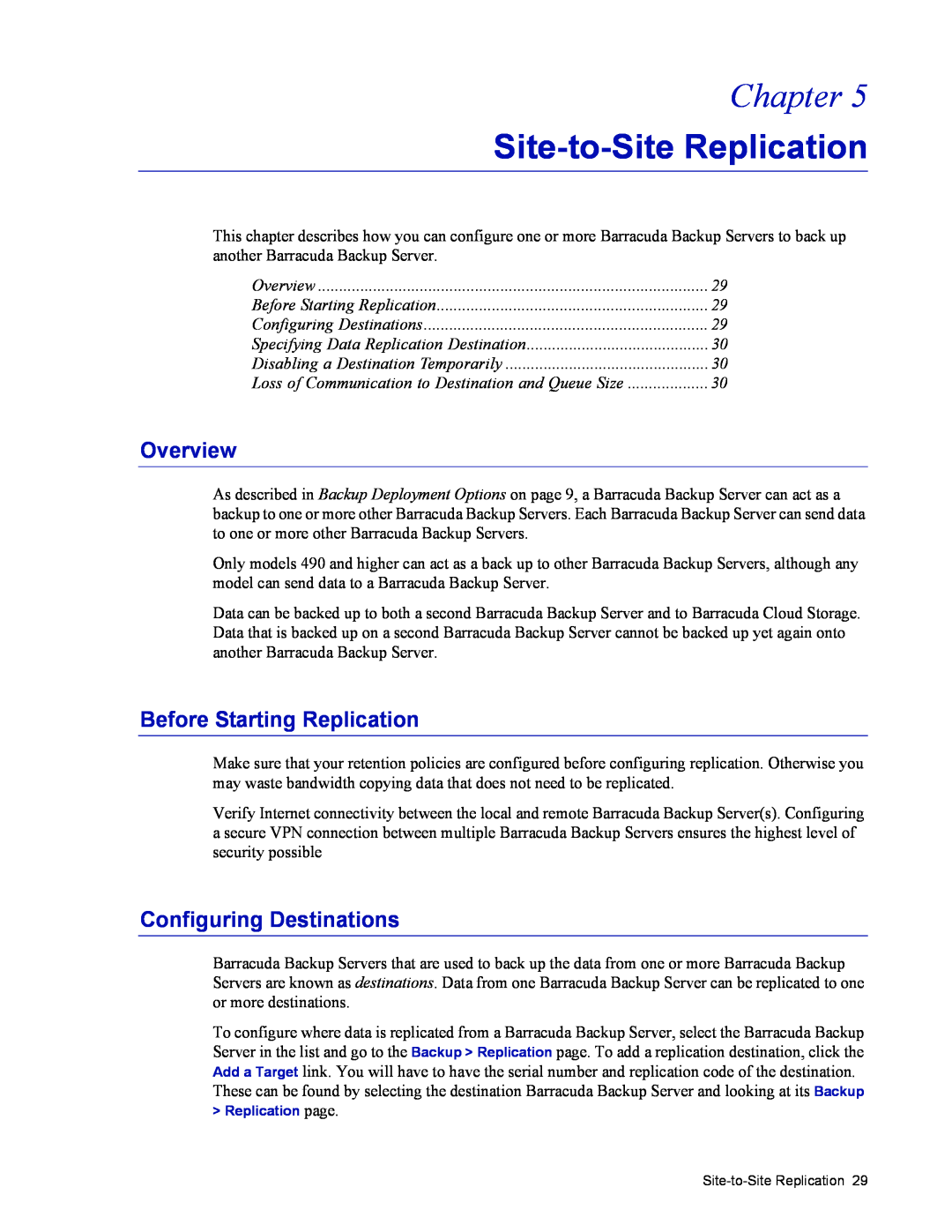 Barracuda Networks 4 Site-to-Site Replication, Overview, Before Starting Replication, Configuring Destinations, Chapter 