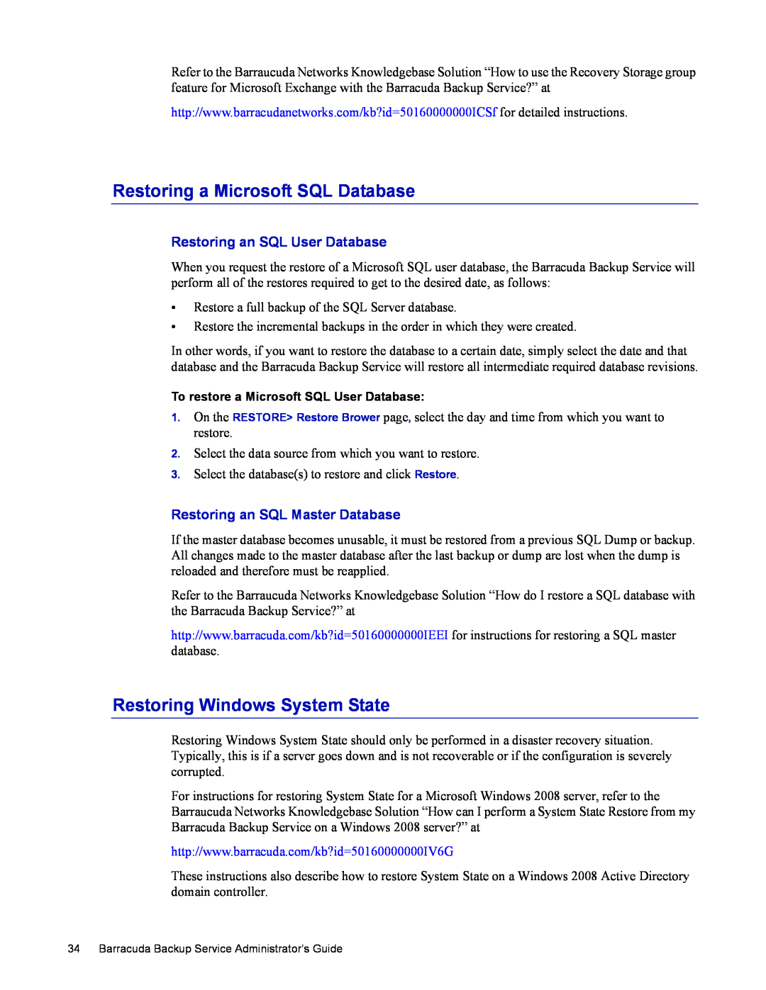 Barracuda Networks 4 Restoring a Microsoft SQL Database, Restoring Windows System State, Restoring an SQL User Database 