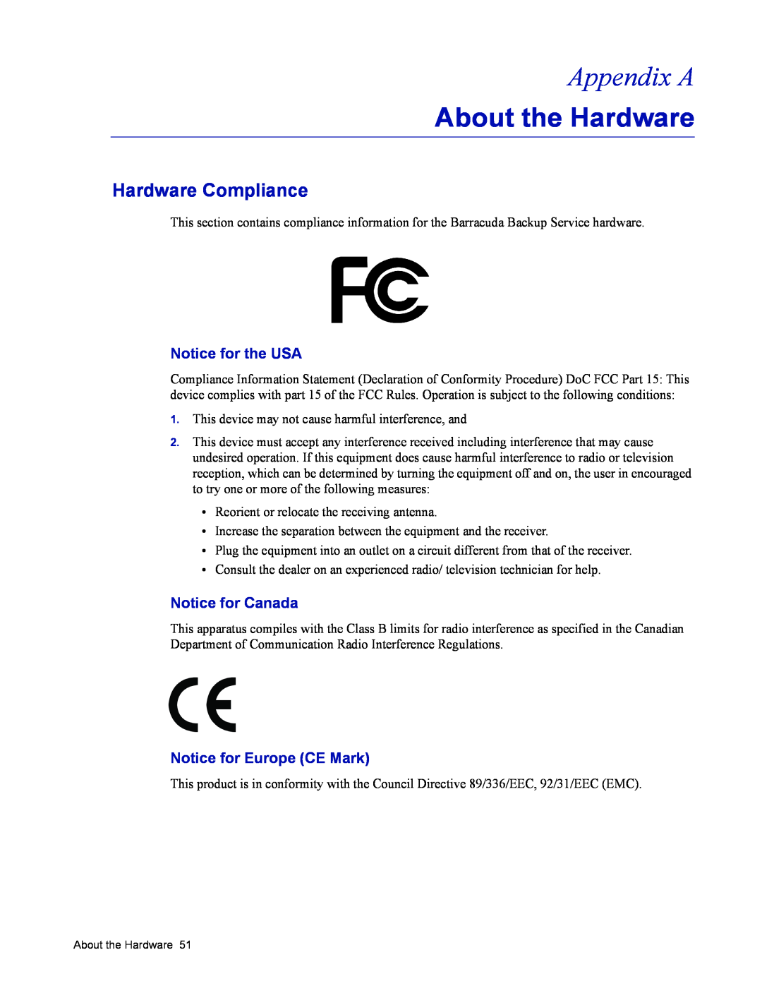 Barracuda Networks 4 manual Appendix A, About the Hardware, Hardware Compliance, Notice for the USA, Notice for Canada 