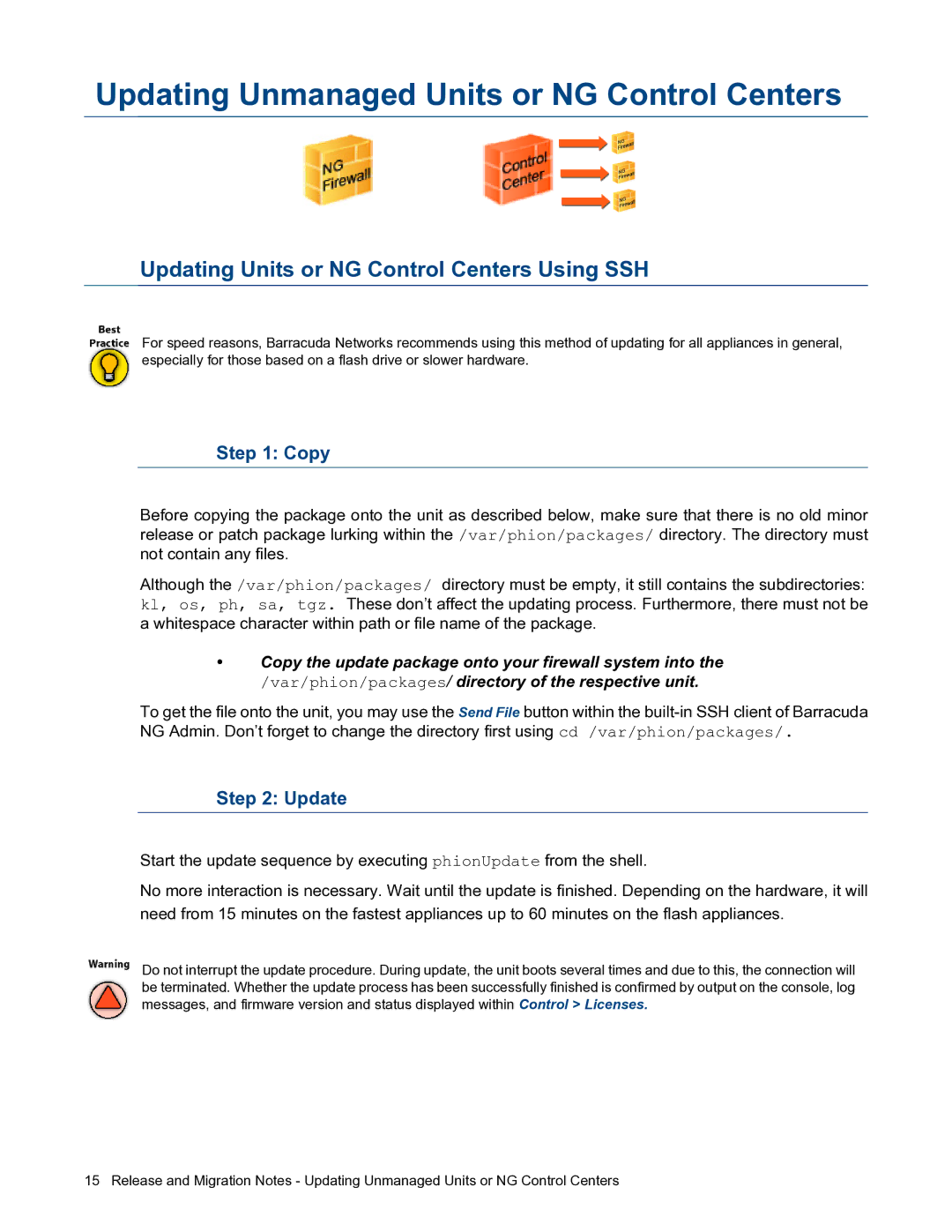 Barracuda Networks 5.0.3 Updating Unmanaged Units or NG Control Centers, Updating Units or NG Control Centers Using SSH 