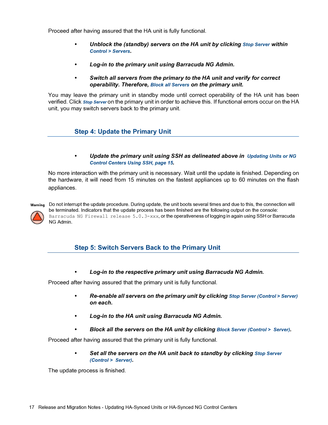 Barracuda Networks 5.0.3 manual Update the Primary Unit, Switch Servers Back to the Primary Unit 