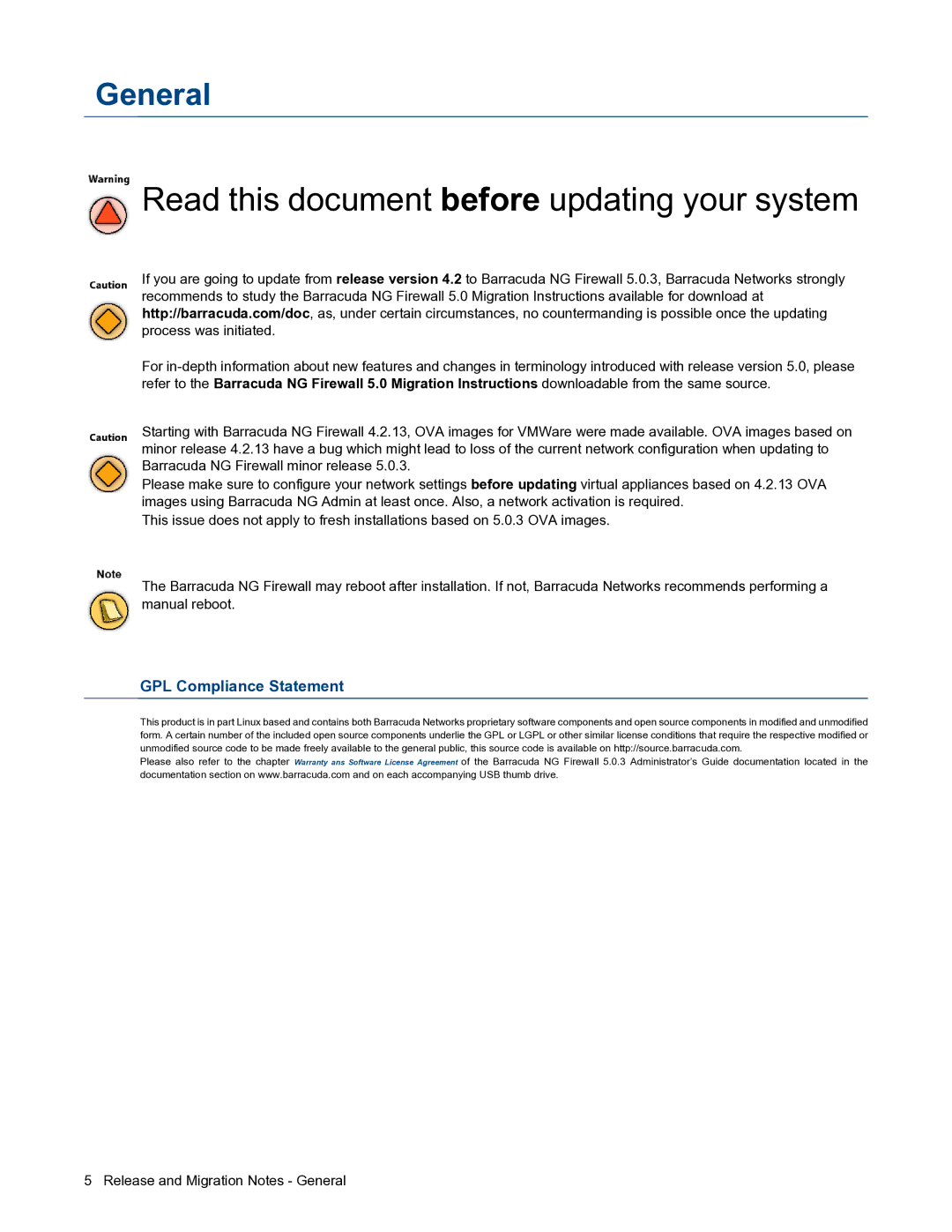 Barracuda Networks 5.0.3 manual Read this document before updating your system, General 