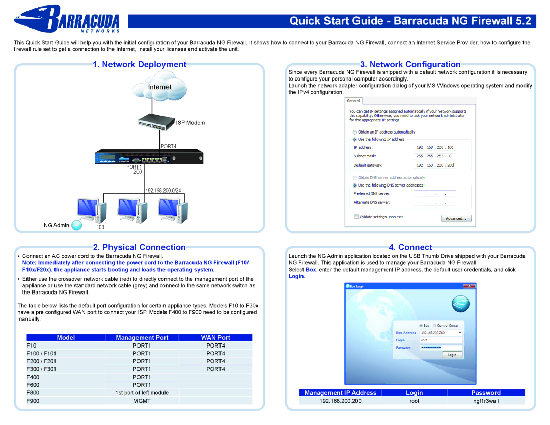 Barracuda Networks Network Hardware quick start Network Deployment, Network Configuration, Physical Connection, Login 