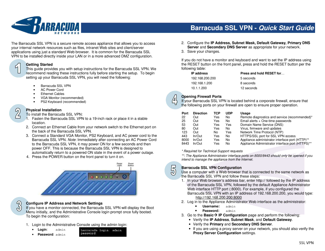 Barracuda Networks Network Router quick start Getting Started, Physical Installation, Opening Firewall Ports 