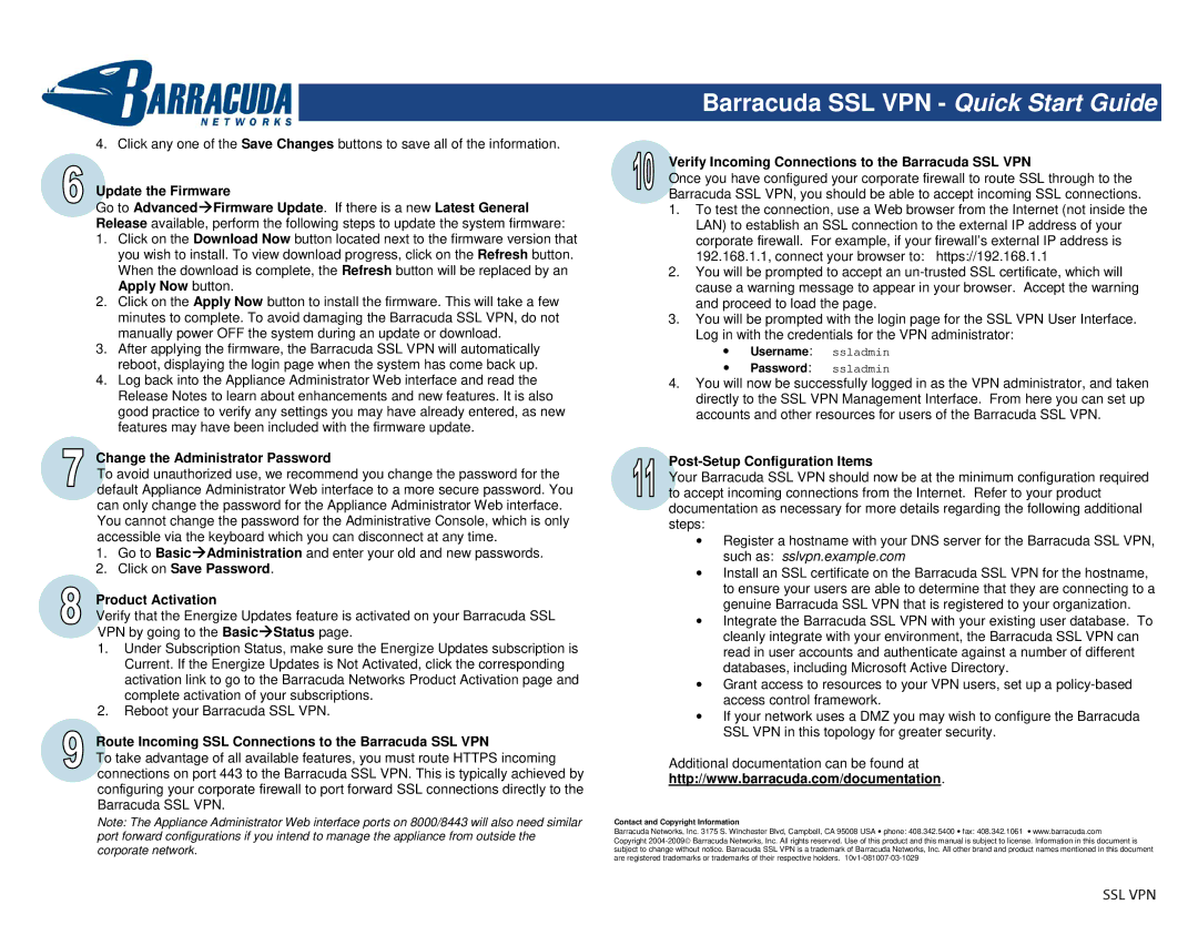 Barracuda Networks Network Router Update the Firmware, Change the Administrator Password, Post-Setup Configuration Items 