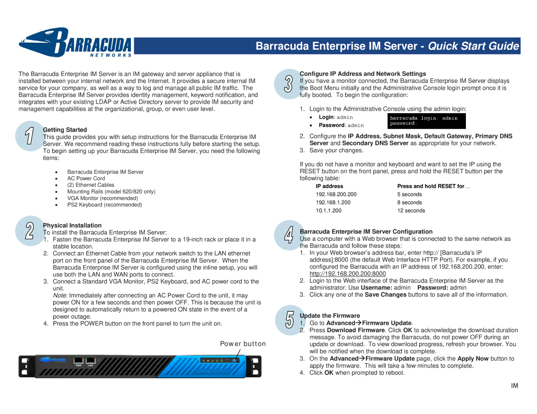 Barracuda Networks Server quick start Power button 